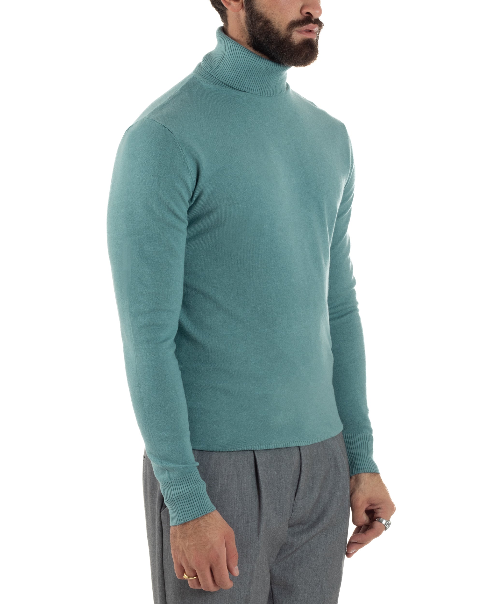 Maglioncino Uomo Collo Alto Maglia Rasata Dolcevita Basic Petrolio M2534A