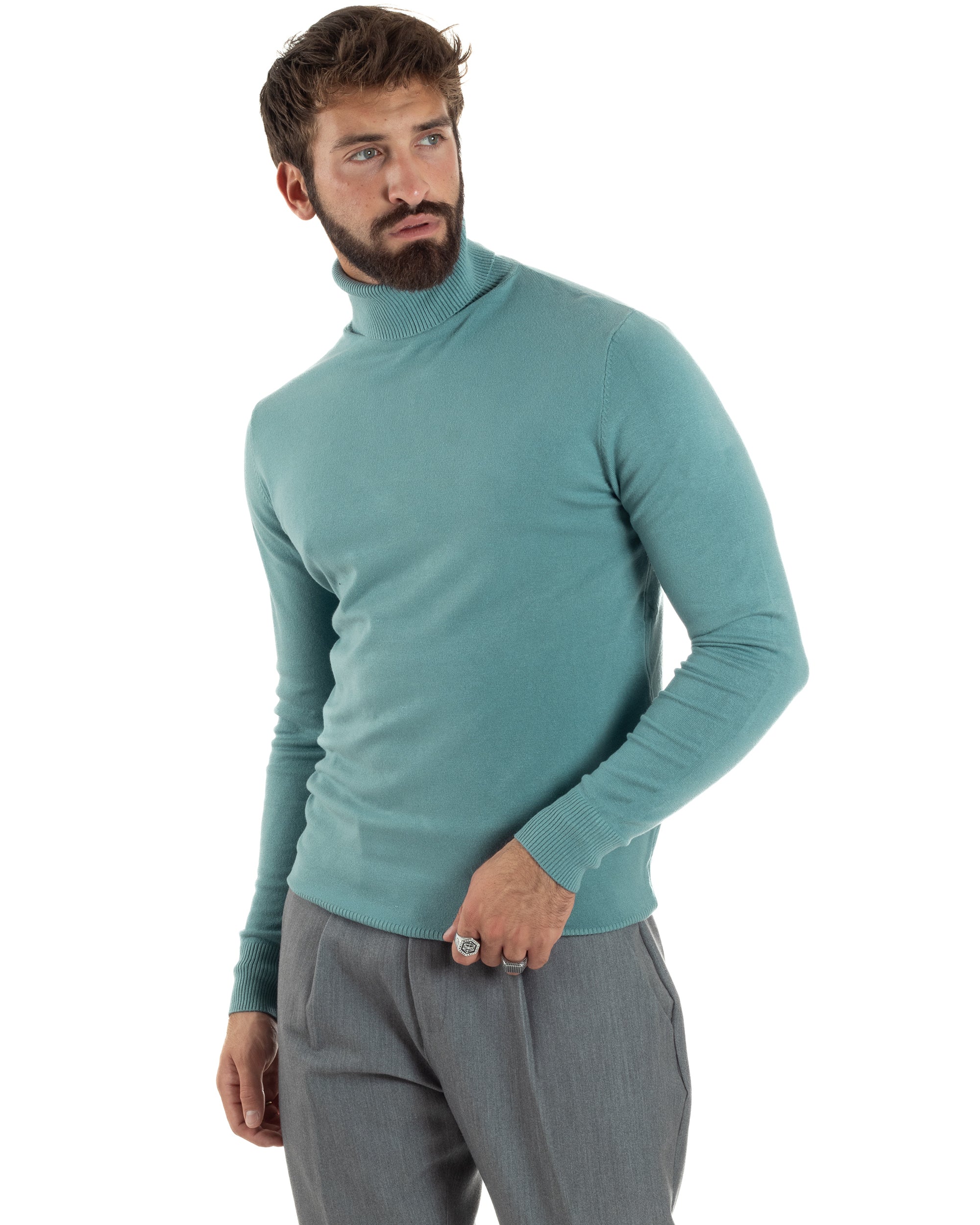 Maglioncino Uomo Collo Alto Maglia Rasata Dolcevita Basic Petrolio M2534A