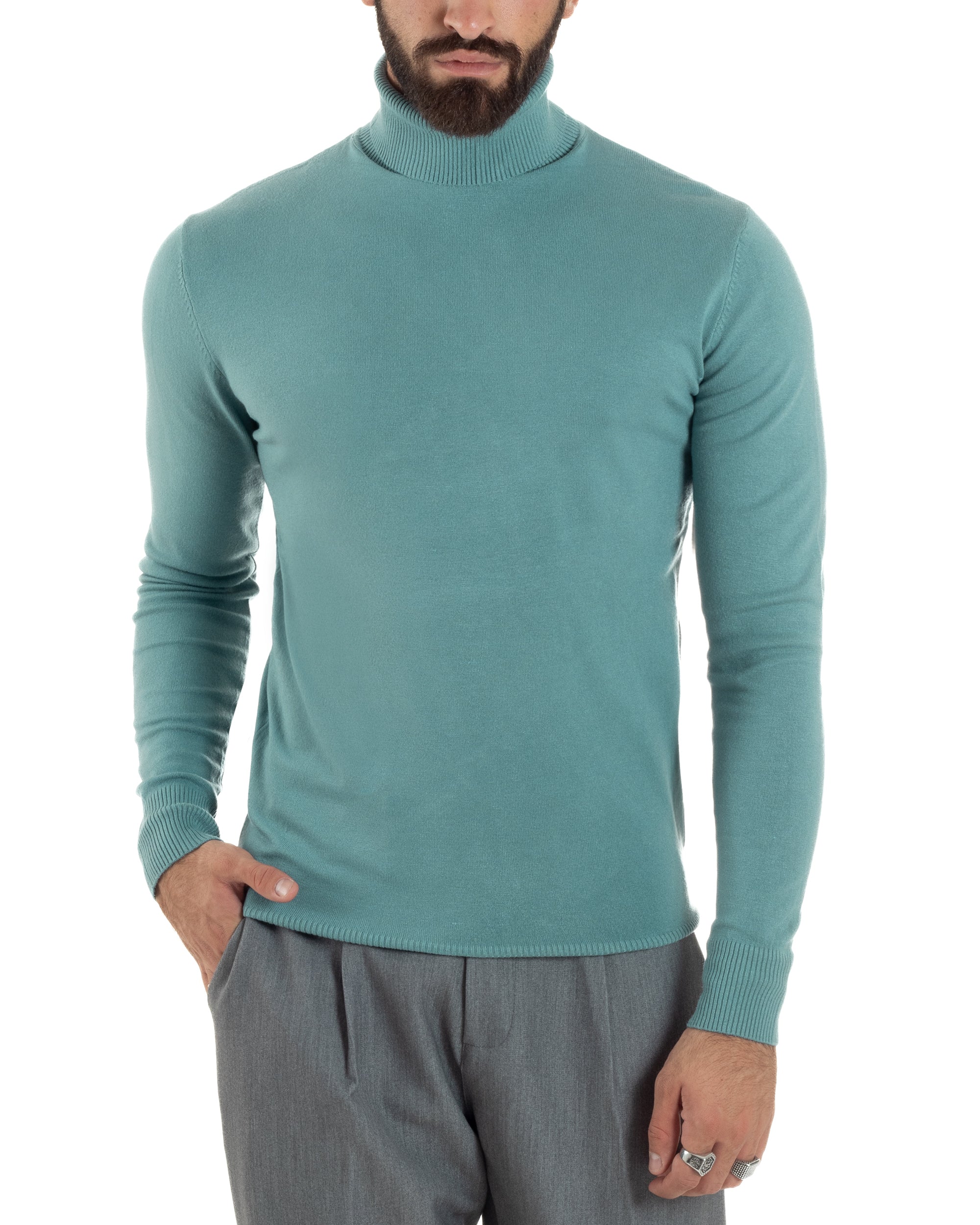 Maglioncino Uomo Collo Alto Maglia Rasata Dolcevita Basic Petrolio M2534A