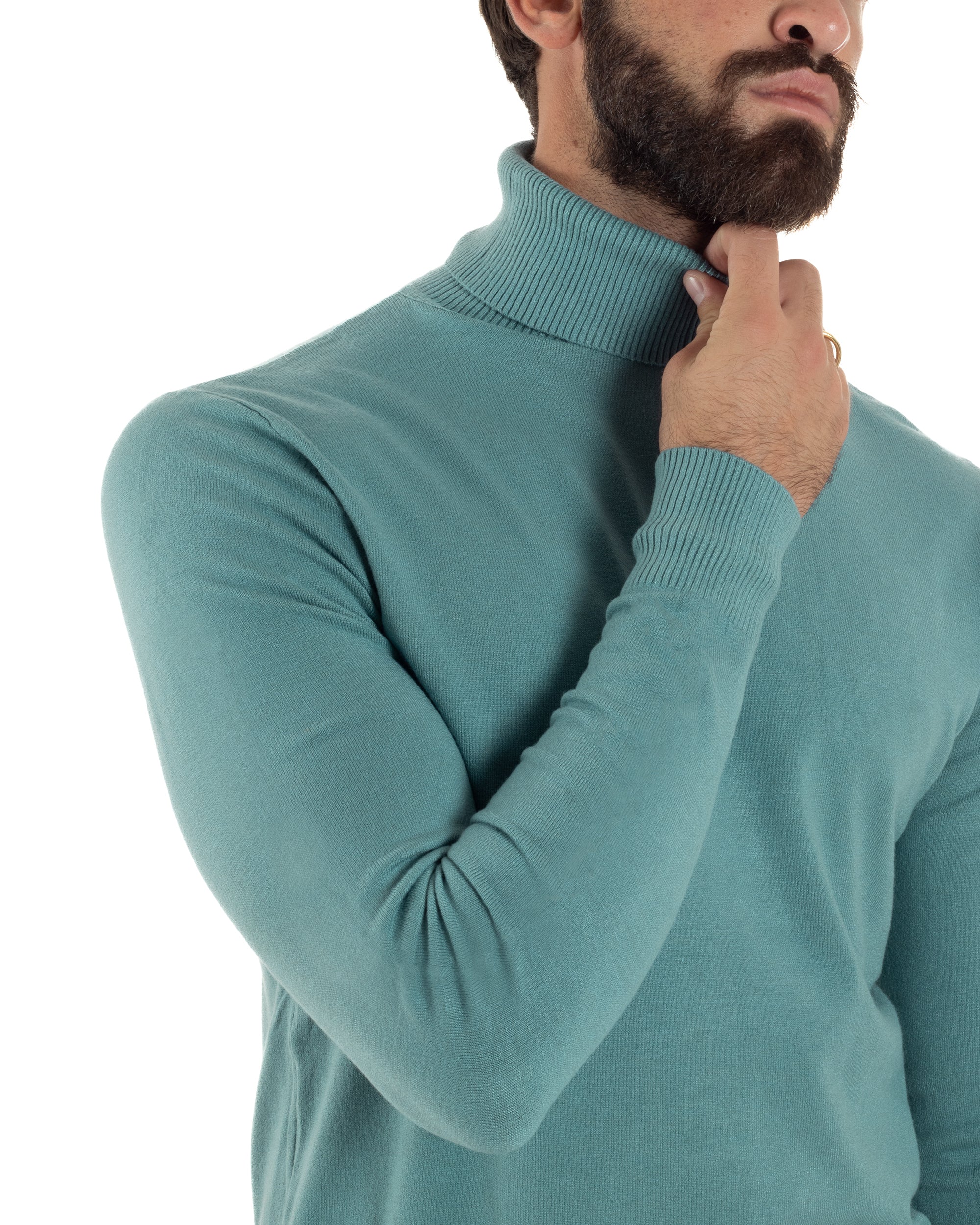 Maglioncino Uomo Collo Alto Maglia Rasata Dolcevita Basic Petrolio M2534A