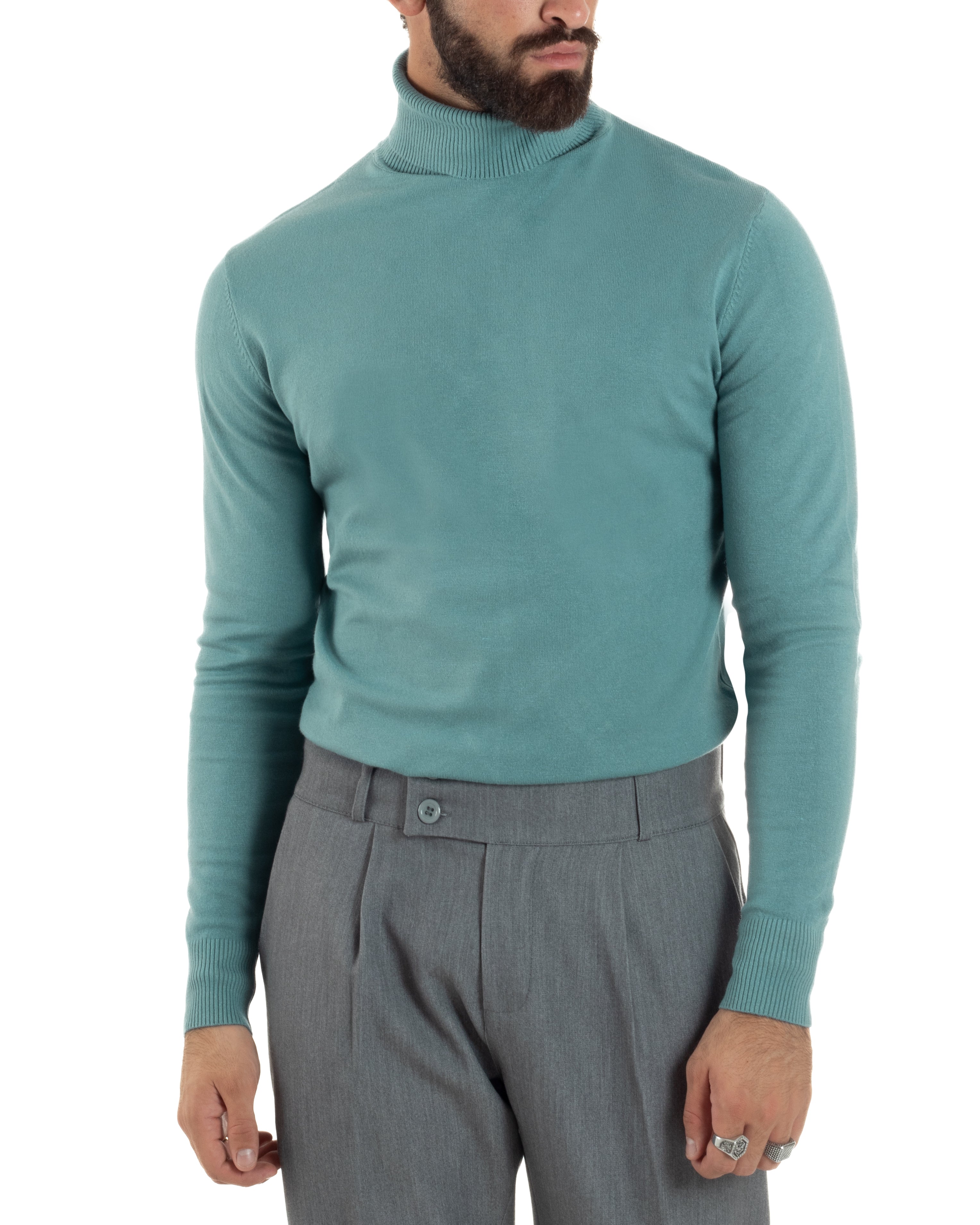 Maglioncino Uomo Collo Alto Maglia Rasata Dolcevita Basic Petrolio M2534A