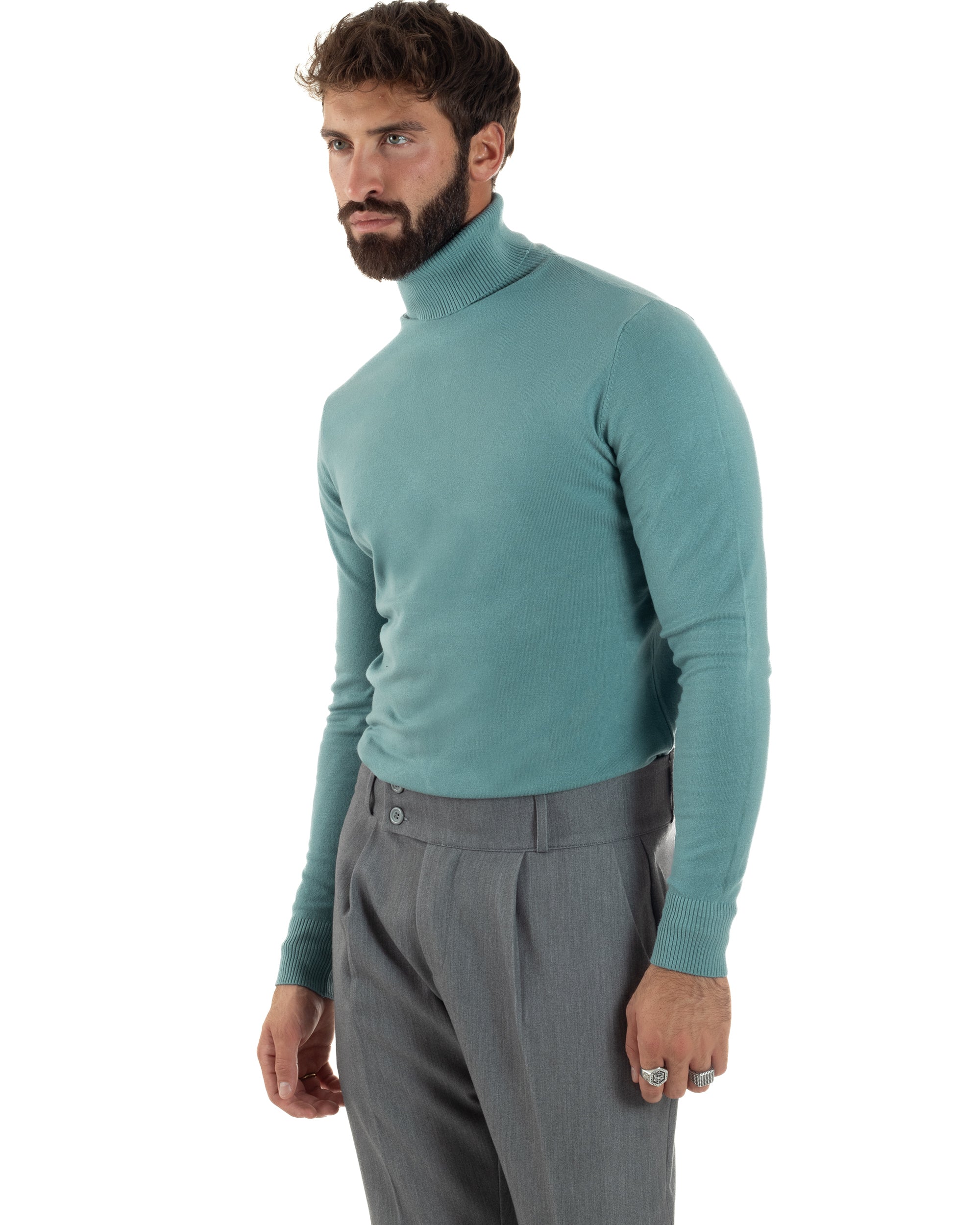 Maglioncino Uomo Collo Alto Maglia Rasata Dolcevita Basic Petrolio M2534A