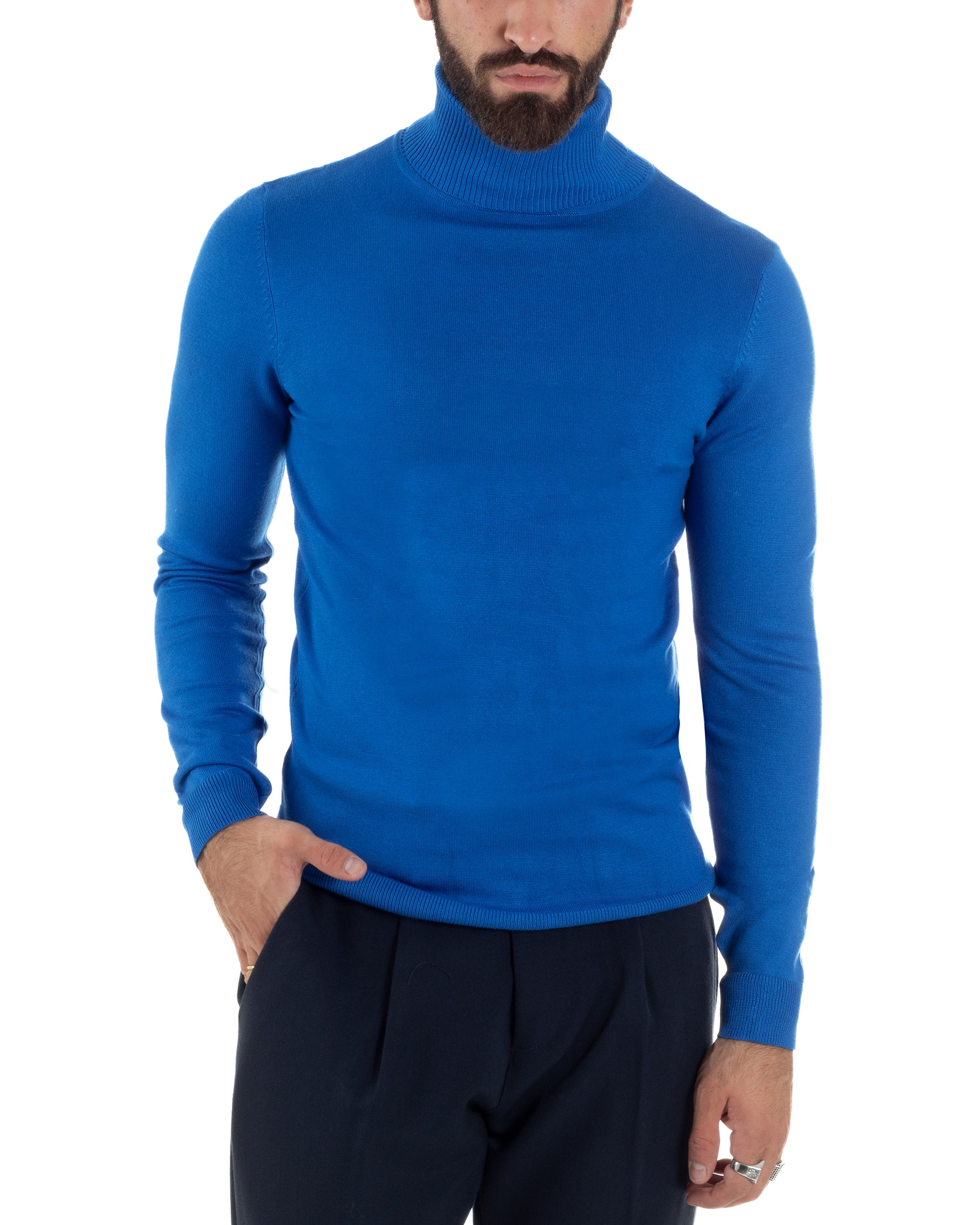 Maglioncino Uomo Collo Alto Maglia Rasata Dolcevita Basic Blu Royal M2547A