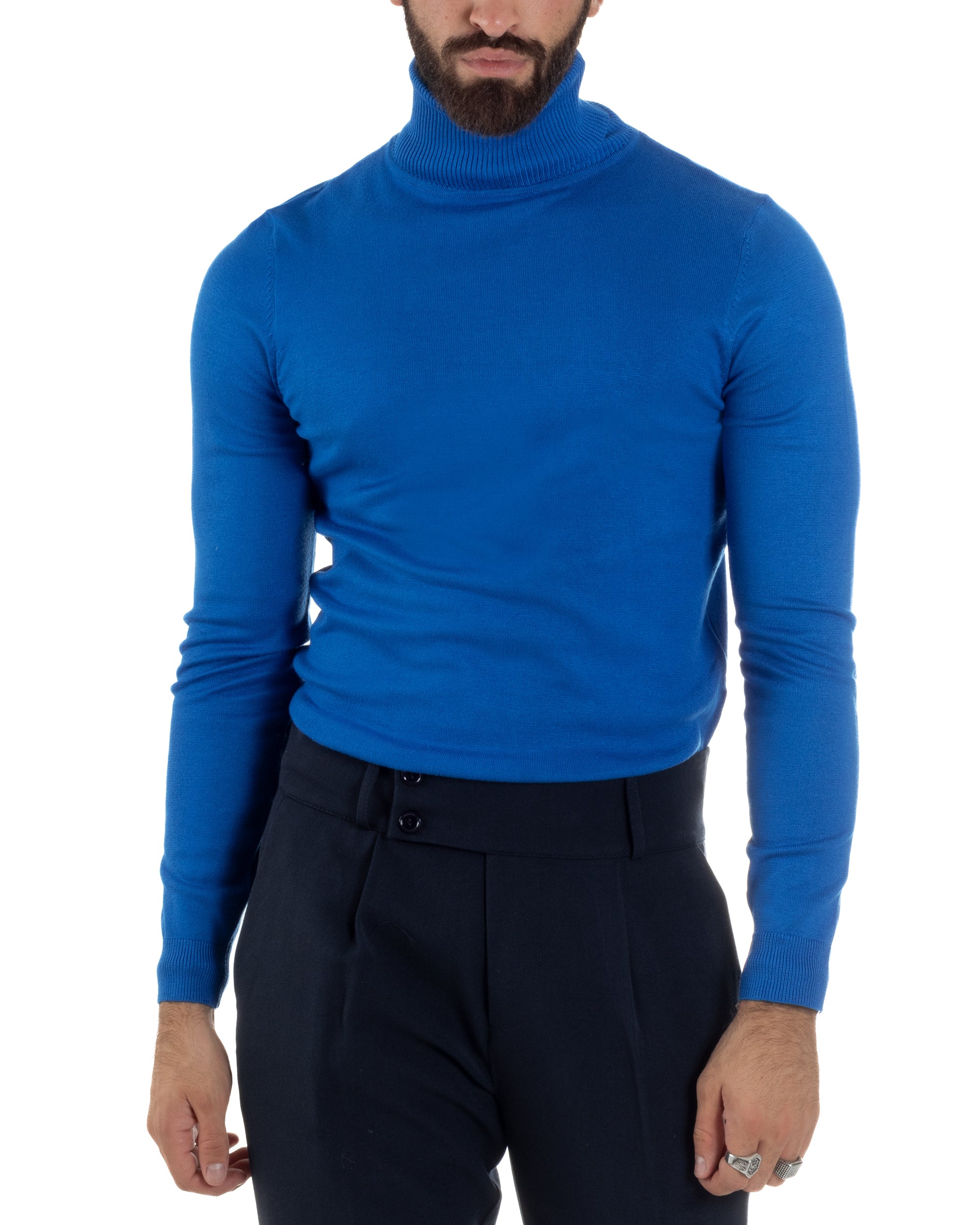 Maglioncino Uomo Collo Alto Maglia Rasata Dolcevita Basic Blu Royal M2547A