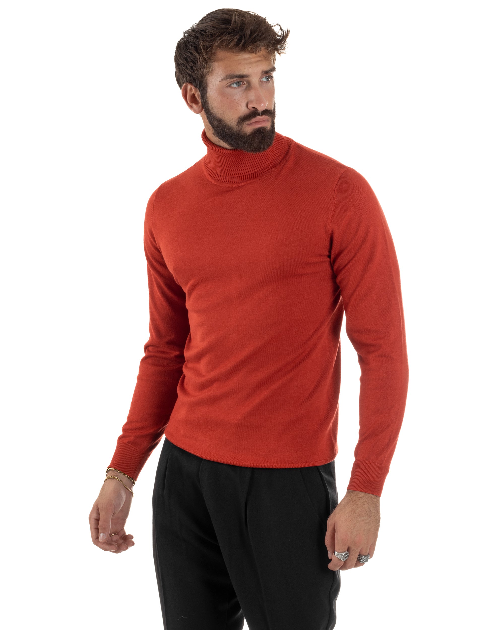 Maglioncino Uomo Collo Alto Maglia Rasata Dolcevita Basic Mattone M2541A