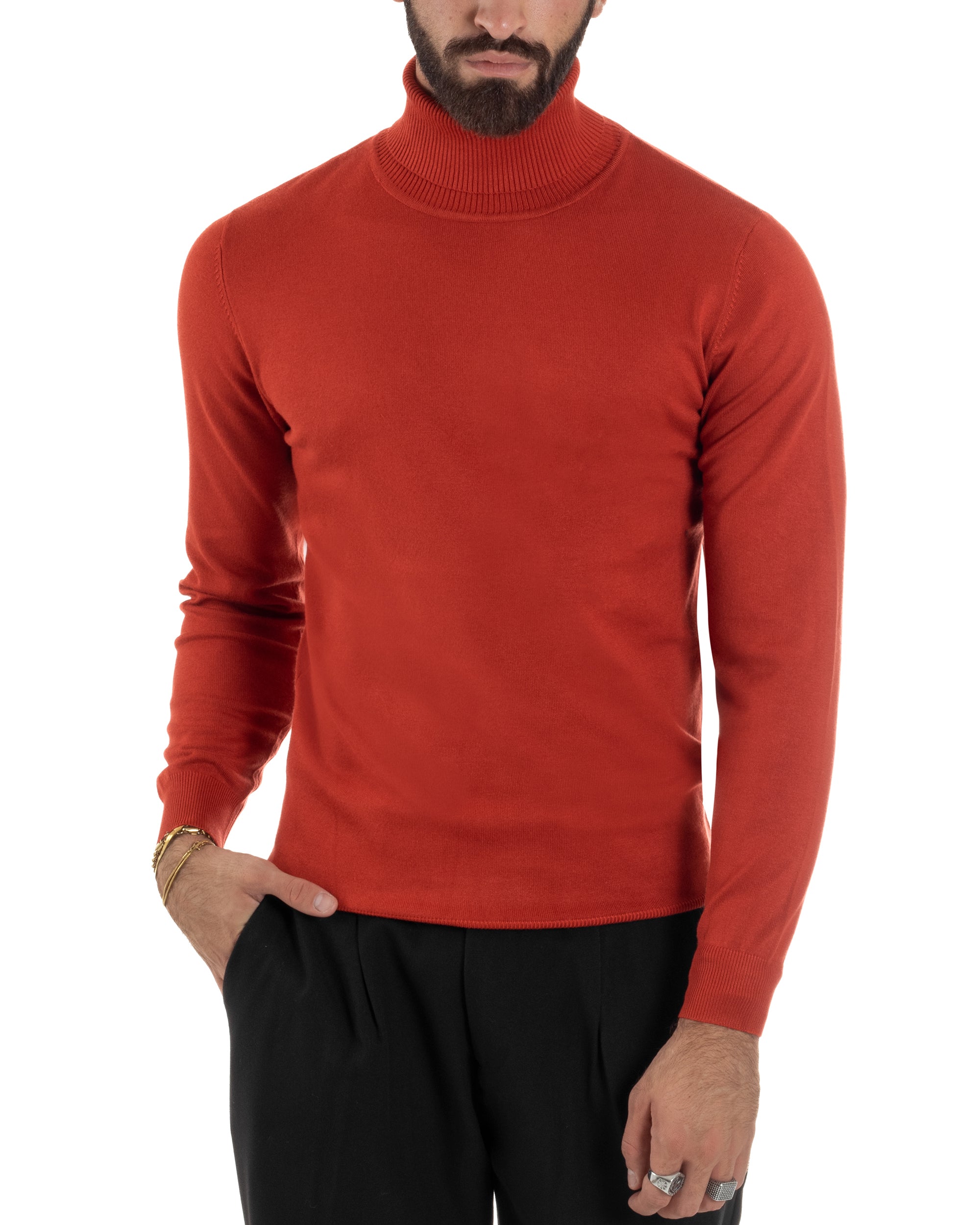 Maglioncino Uomo Collo Alto Maglia Rasata Dolcevita Basic Mattone M2541A