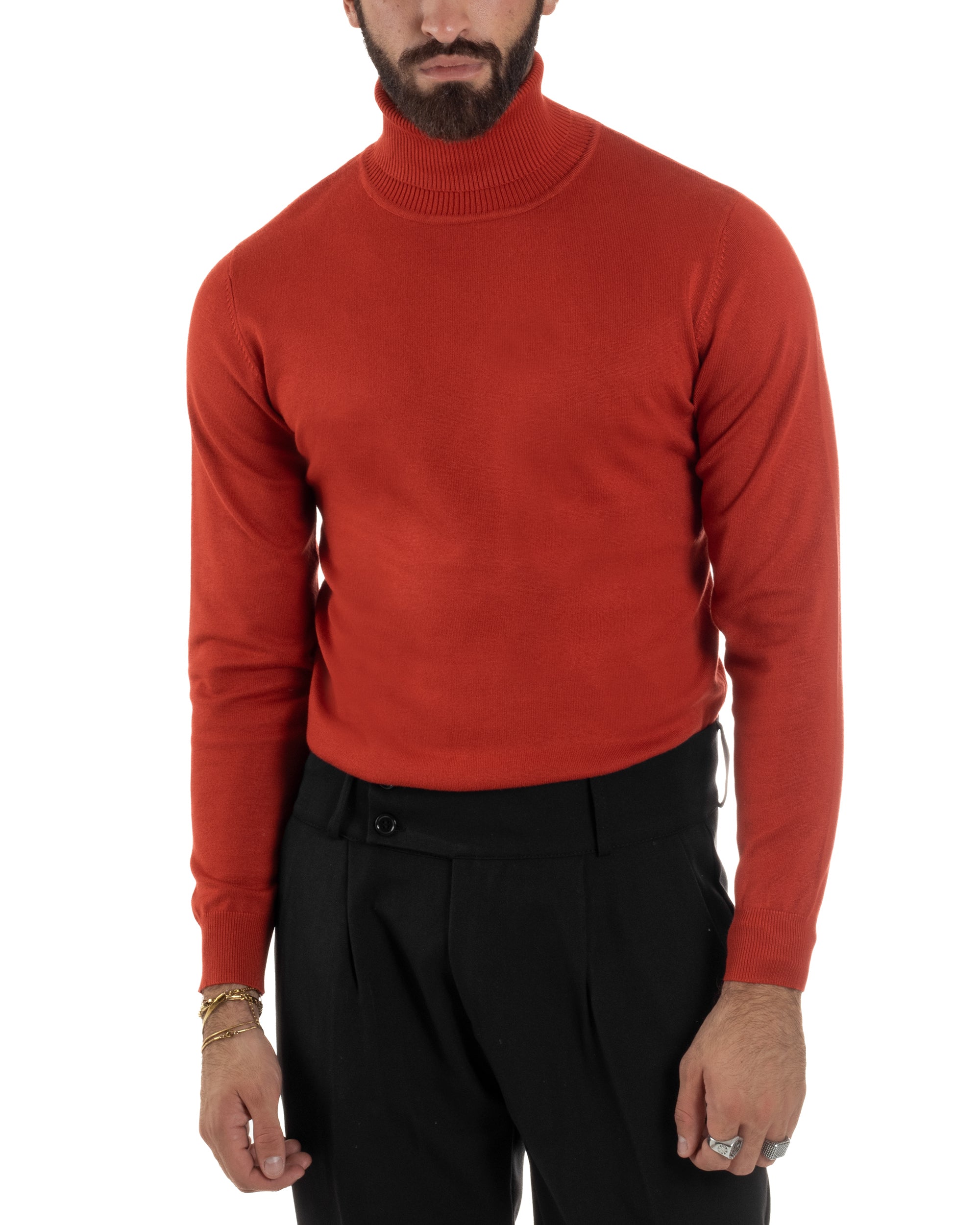 Maglioncino Uomo Collo Alto Maglia Rasata Dolcevita Basic Mattone M2541A