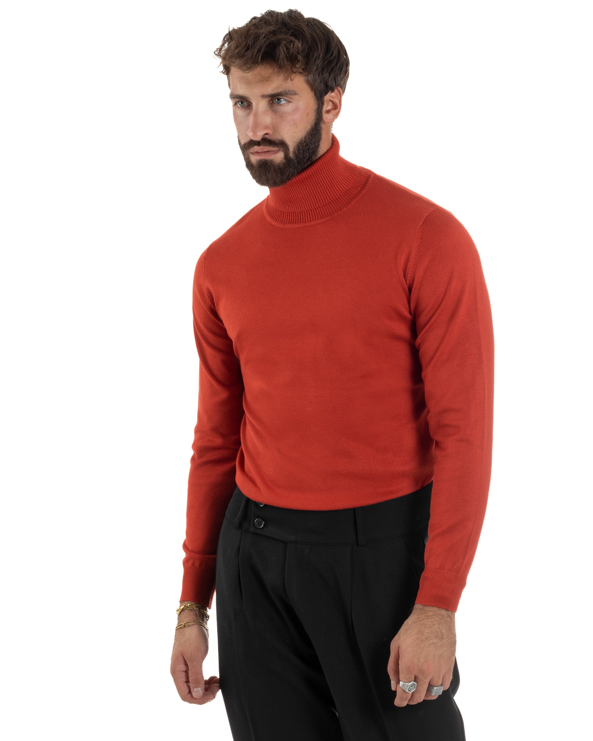 Maglioncino Uomo Collo Alto Maglia Rasata Dolcevita Basic Mattone M2541A