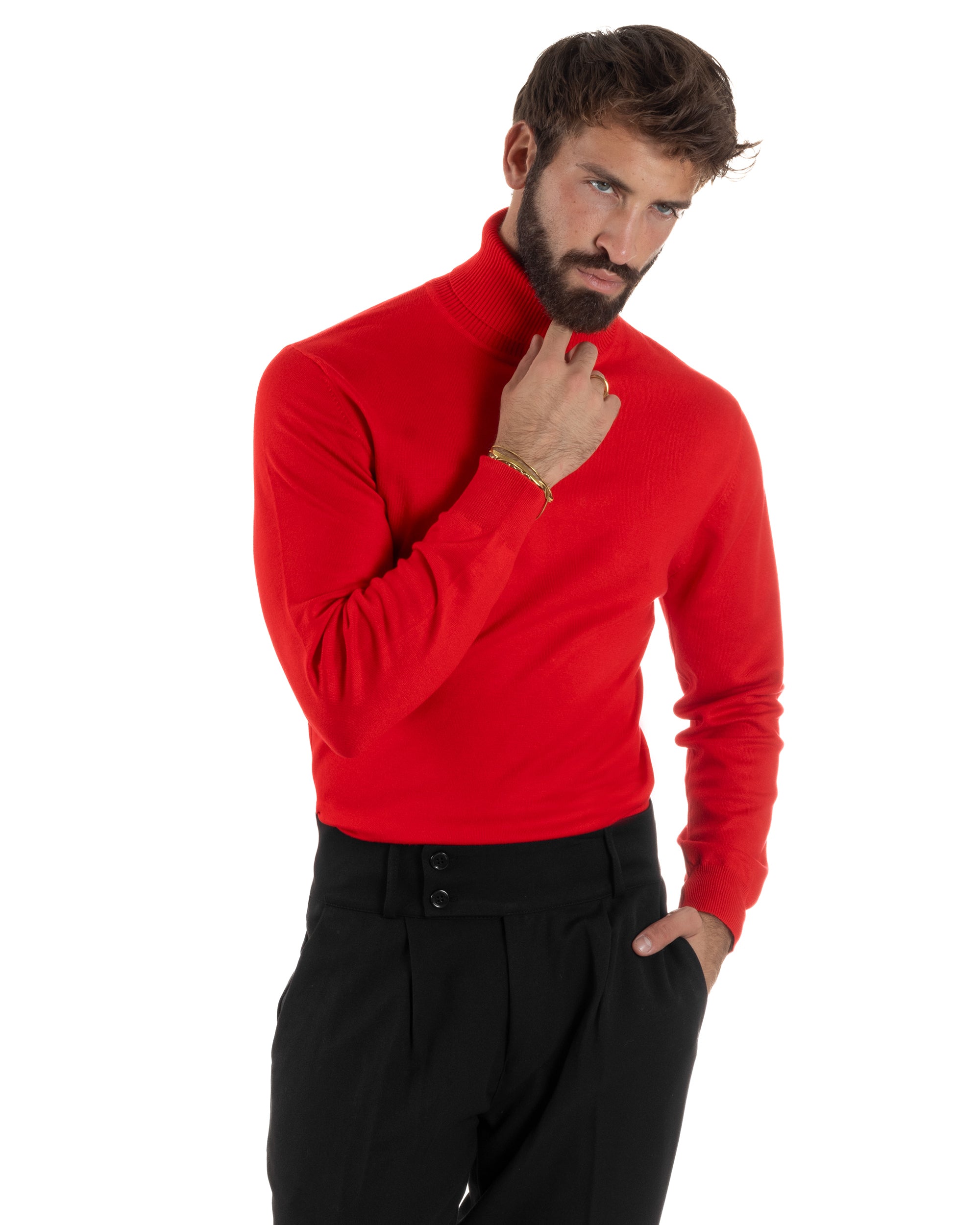 Maglioncino Uomo Collo Alto Maglia Rasata Dolcevita Basic Rosso M2546A