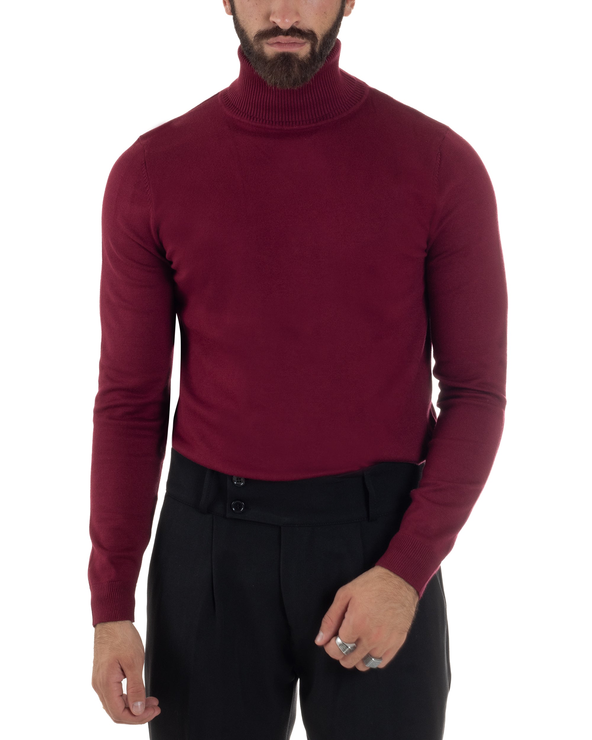Maglioncino Uomo Collo Alto Maglia Rasata Dolcevita Basic Prugna M2545A