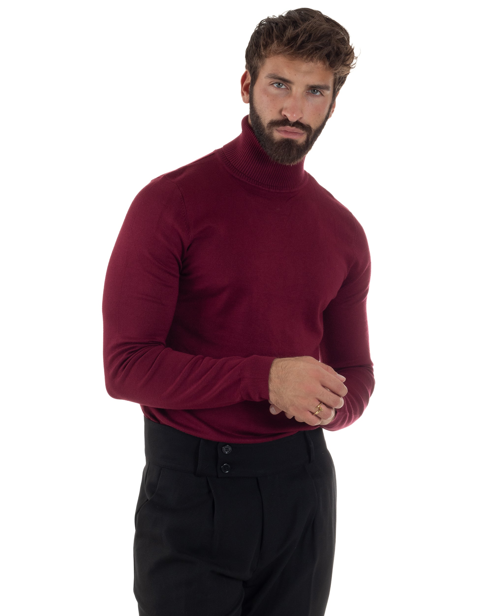 Maglioncino Uomo Collo Alto Maglia Rasata Dolcevita Basic Prugna M2545A