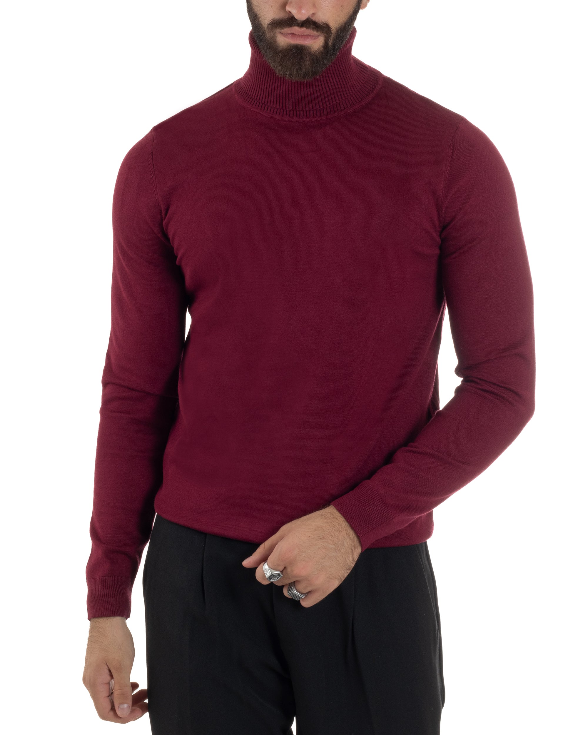 Maglioncino Uomo Collo Alto Maglia Rasata Dolcevita Basic Prugna M2545A
