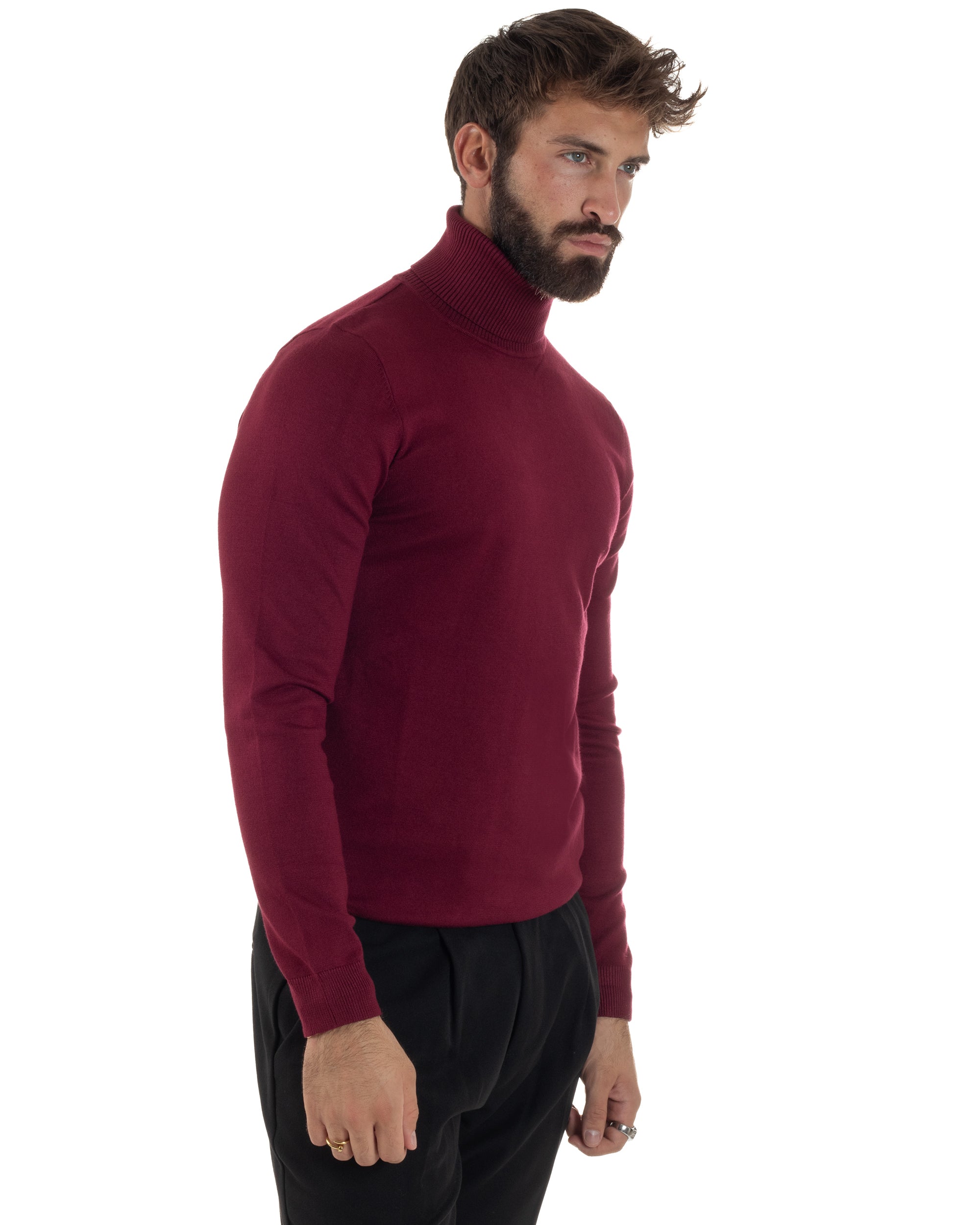 Maglioncino Uomo Collo Alto Maglia Rasata Dolcevita Basic Prugna M2545A