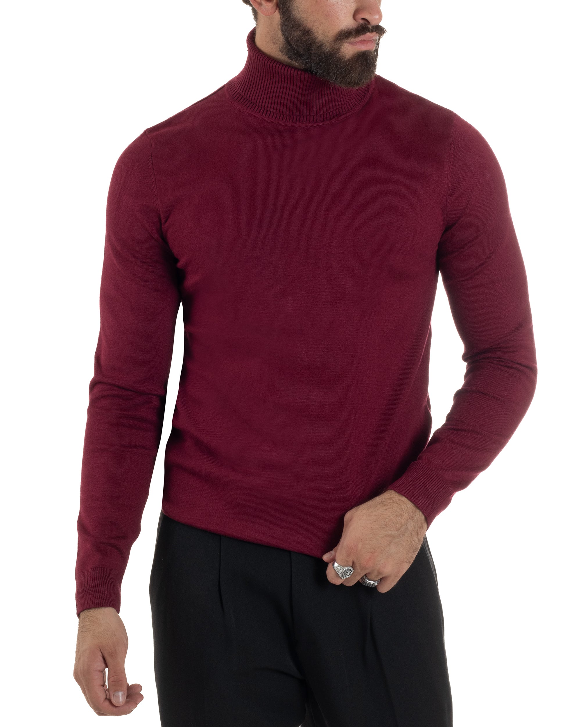 Maglioncino Uomo Collo Alto Maglia Rasata Dolcevita Basic Prugna M2545A