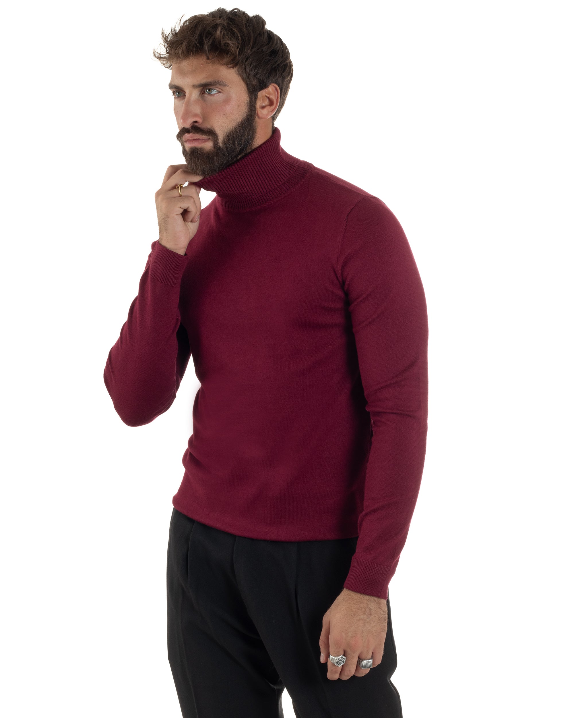Maglioncino Uomo Collo Alto Maglia Rasata Dolcevita Basic Prugna M2545A