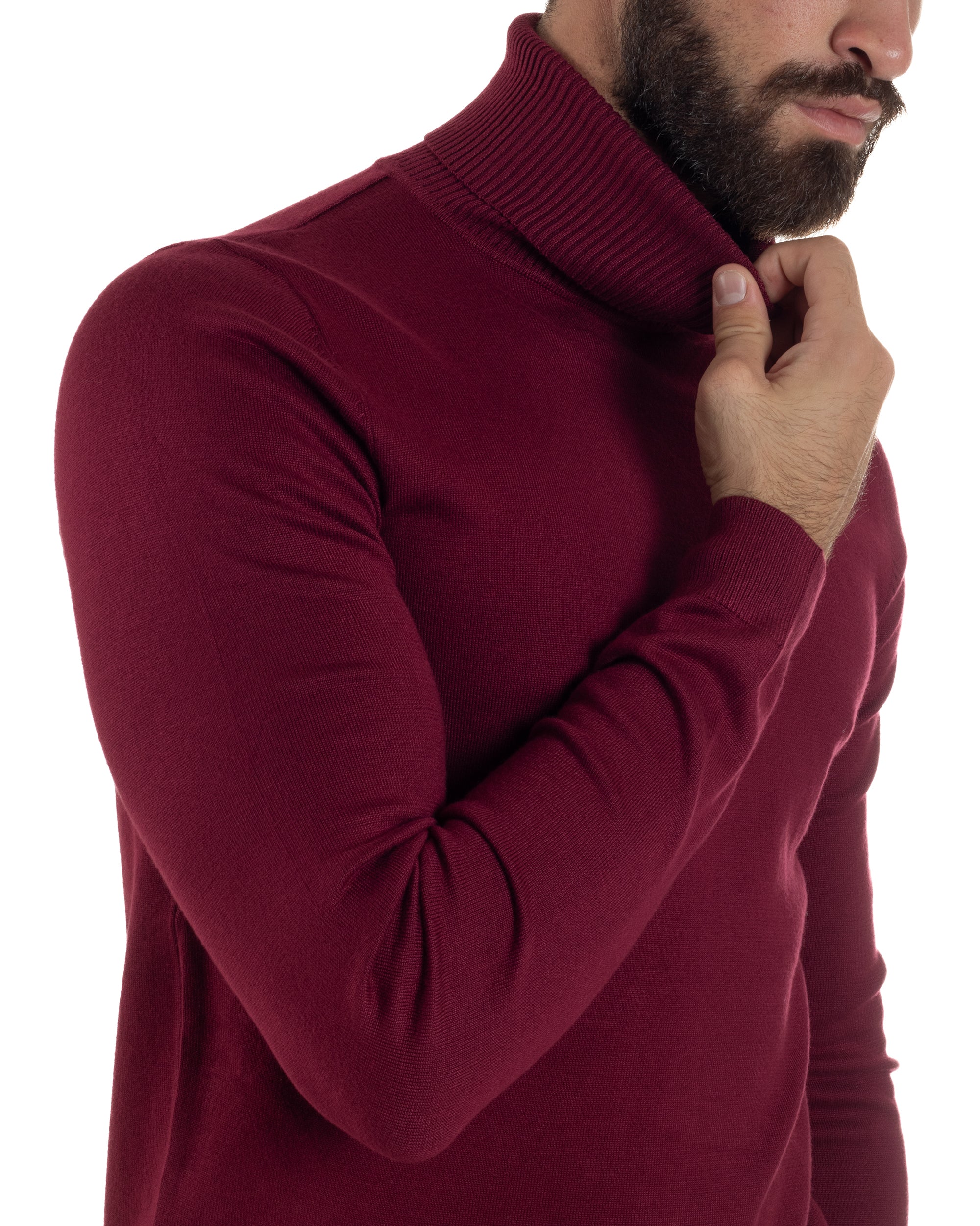 Maglioncino Uomo Collo Alto Maglia Rasata Dolcevita Basic Prugna M2545A
