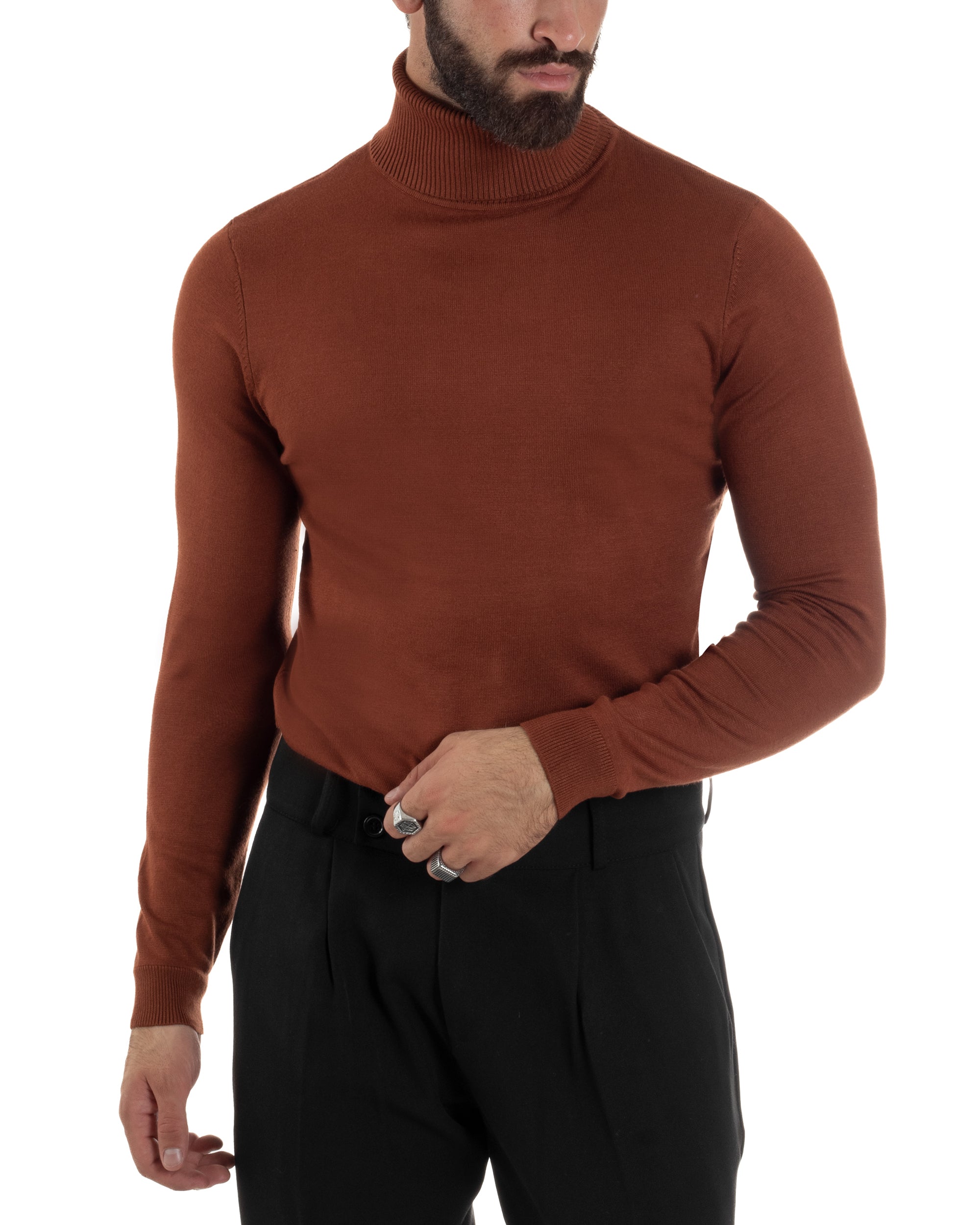 Maglioncino Uomo Collo Alto Maglia Rasata Dolcevita Basic Ruggine M2531A