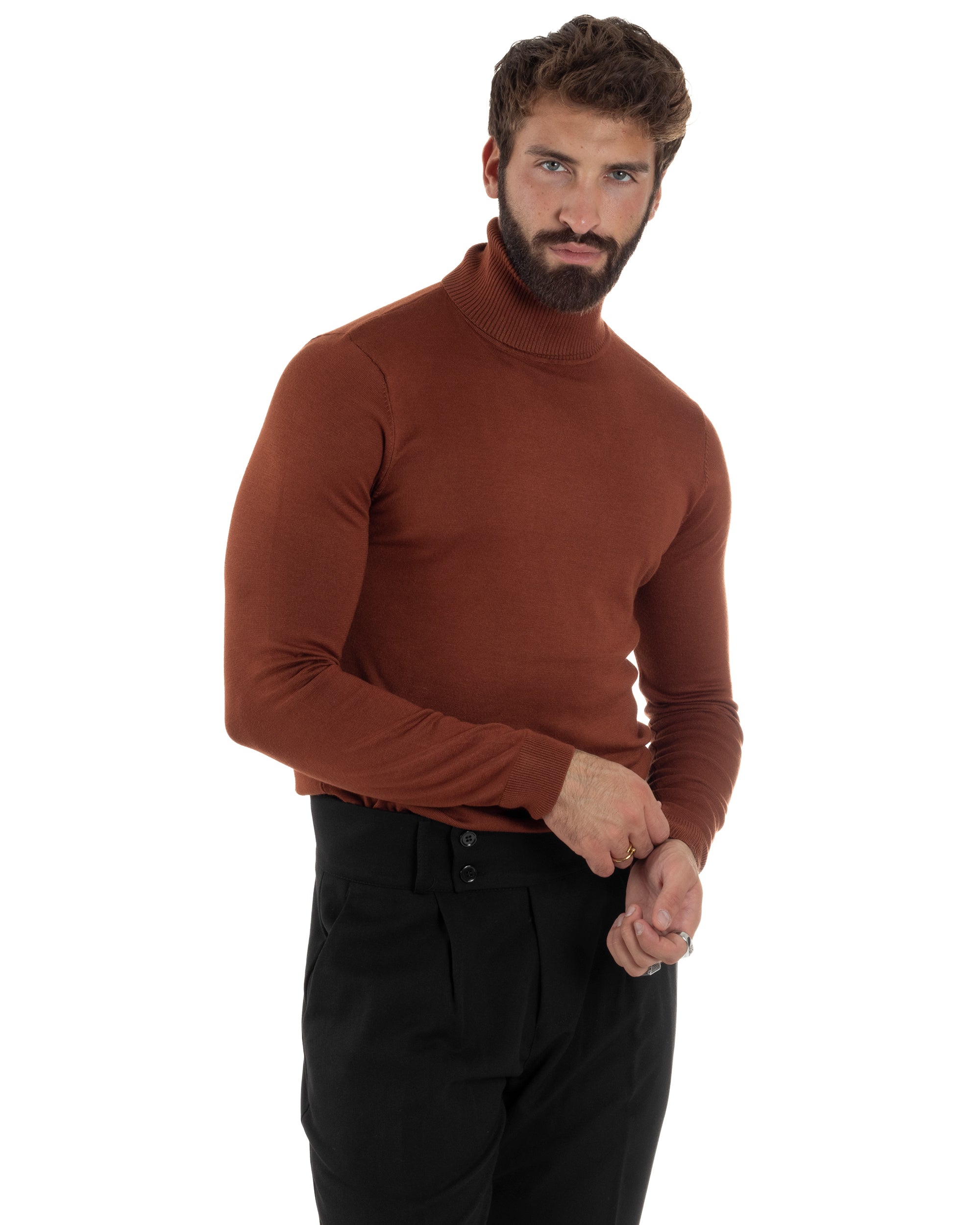 Maglioncino Uomo Collo Alto Maglia Rasata Dolcevita Basic Ruggine M2531A