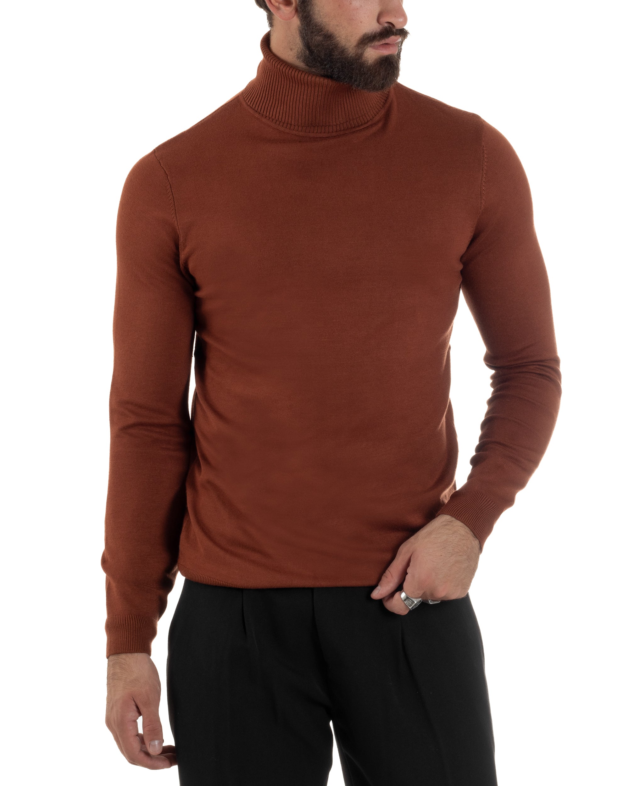 Maglioncino Uomo Collo Alto Maglia Rasata Dolcevita Basic Ruggine M2531A