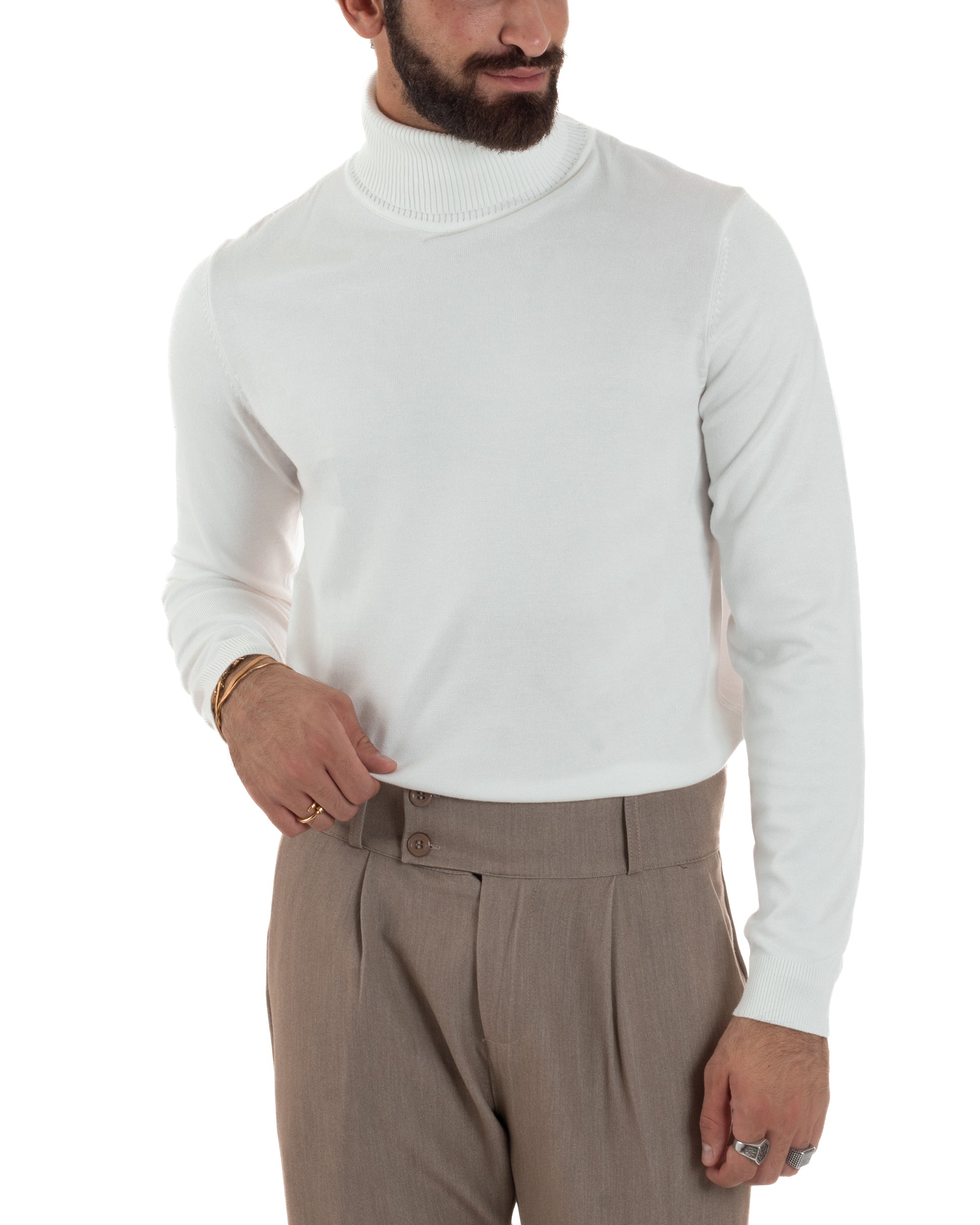 Maglioncino Uomo Collo Alto Maglia Rasata Dolcevita Basic Bianco M2550A
