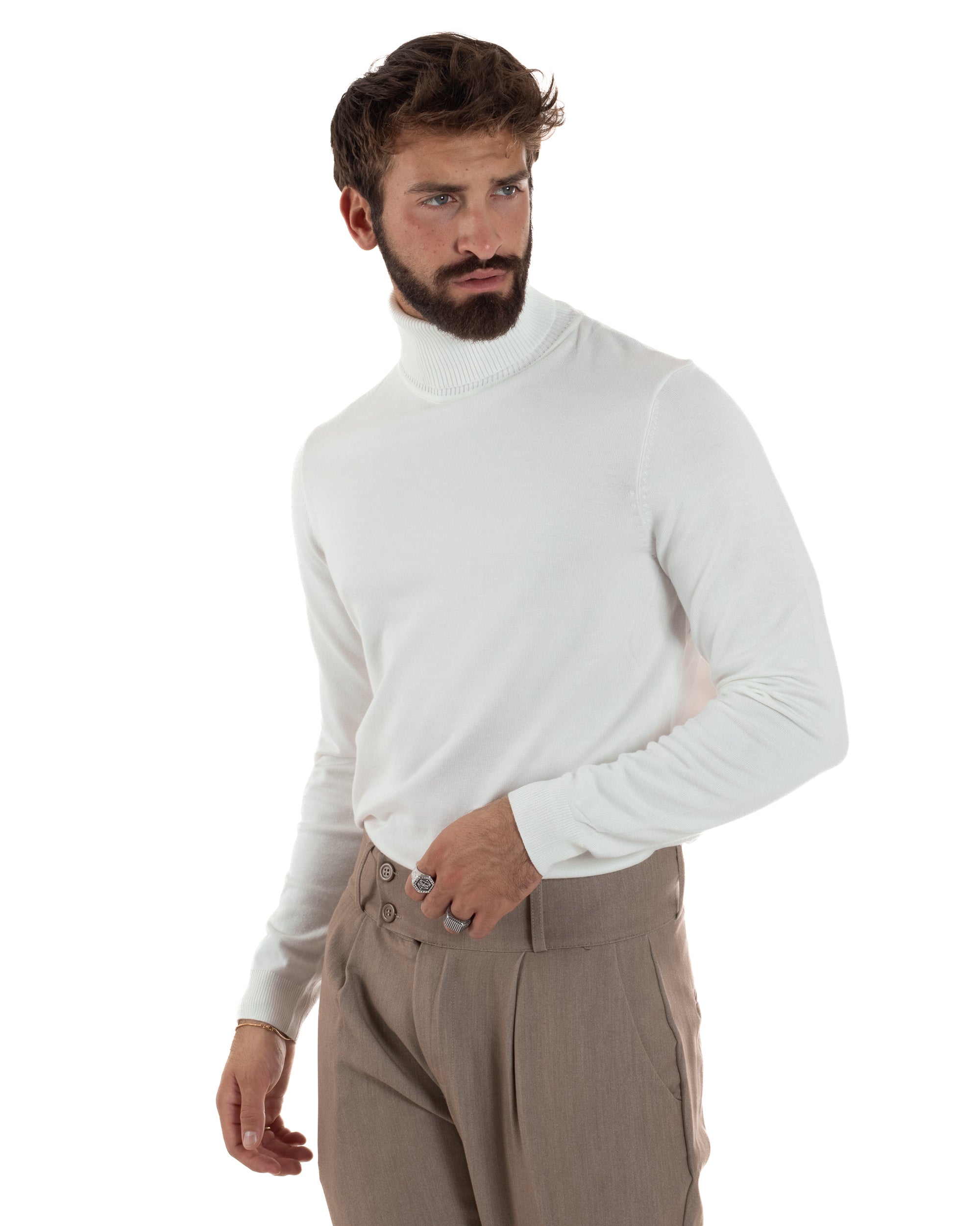Maglioncino Uomo Collo Alto Maglia Rasata Dolcevita Basic Bianco M2550A