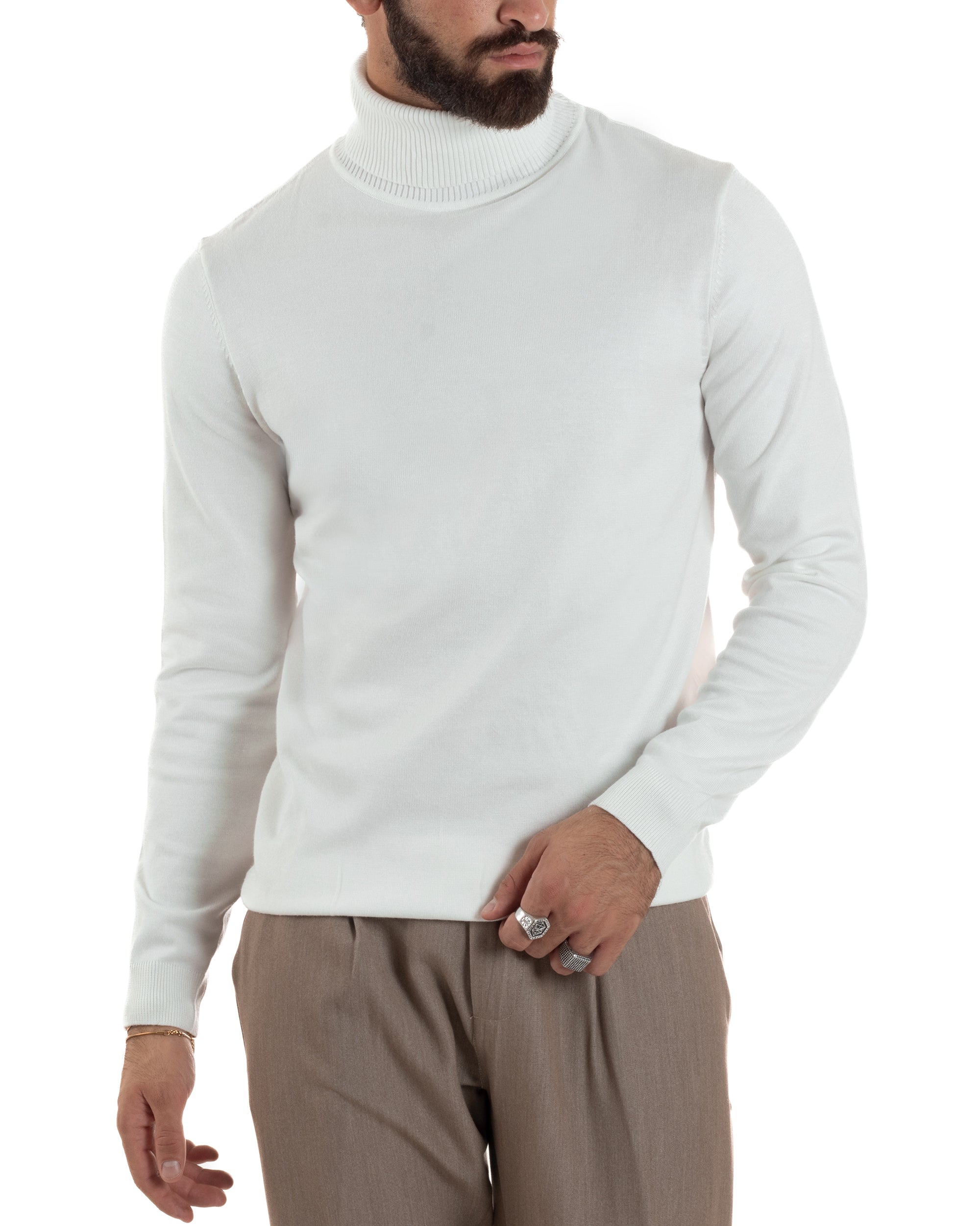 Maglioncino Uomo Collo Alto Maglia Rasata Dolcevita Basic Bianco M2550A