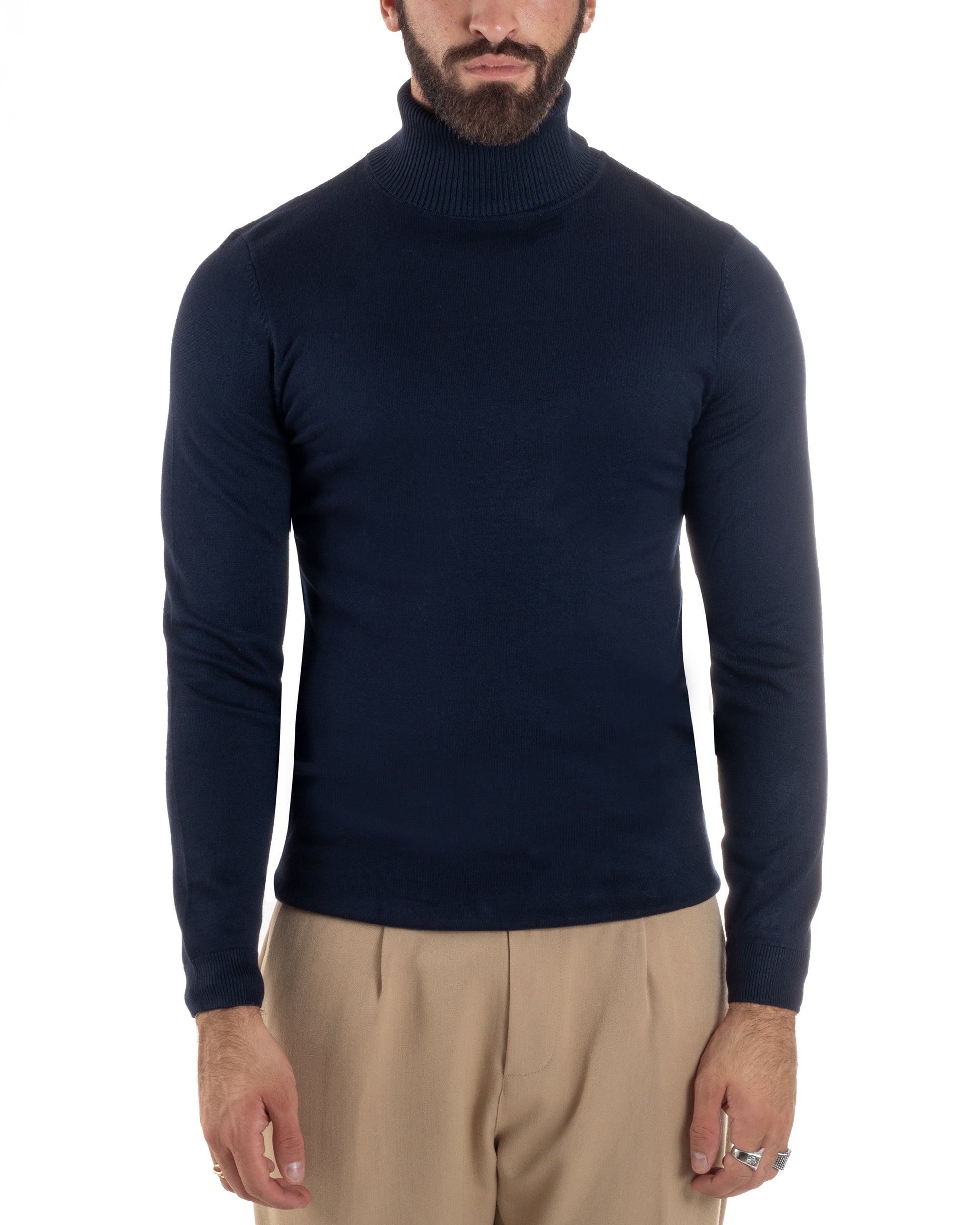 Maglioncino Uomo Collo Alto Maglia Rasata Dolcevita Basic Blu M2537A