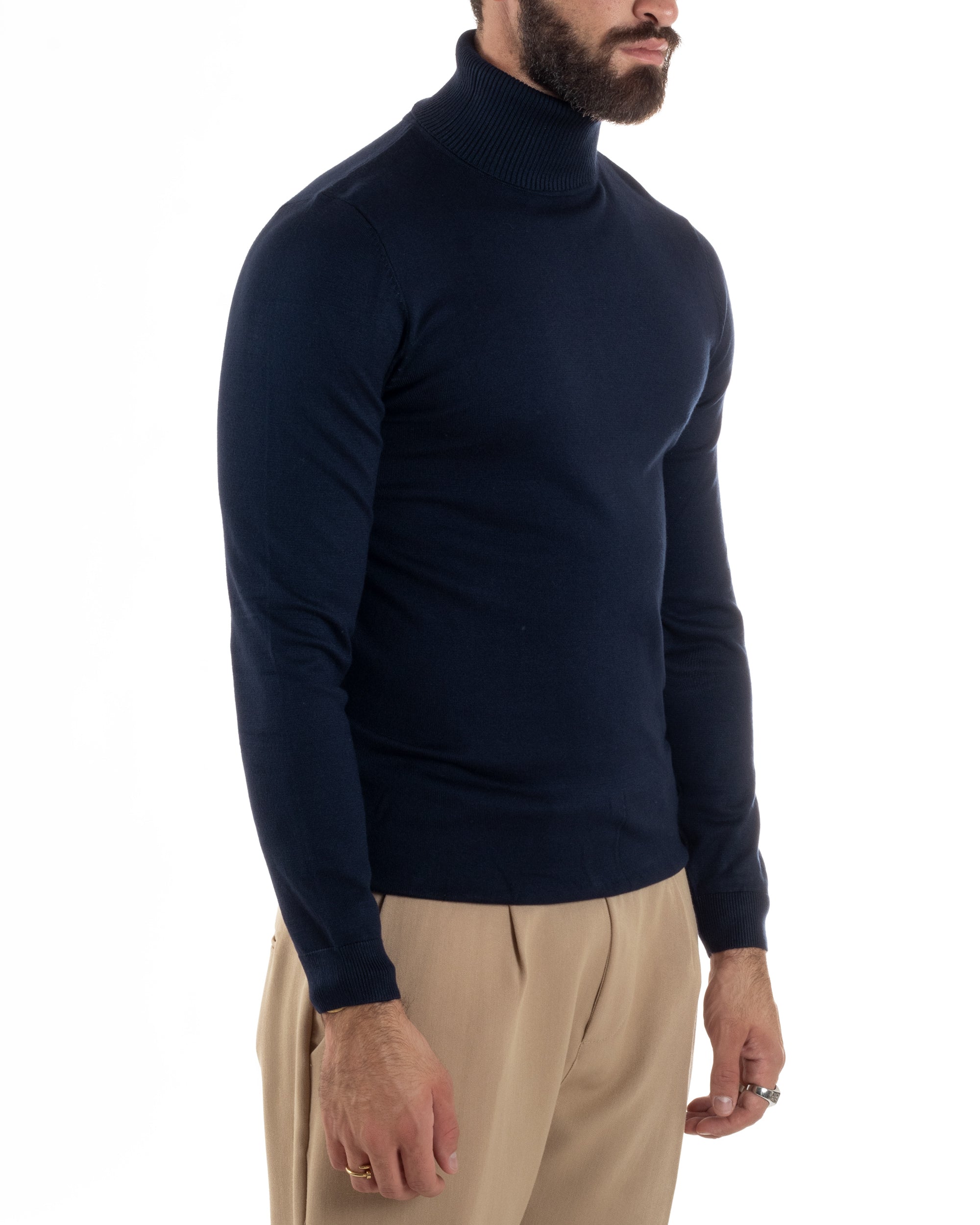 Maglioncino Uomo Collo Alto Maglia Rasata Dolcevita Basic Blu M2537A