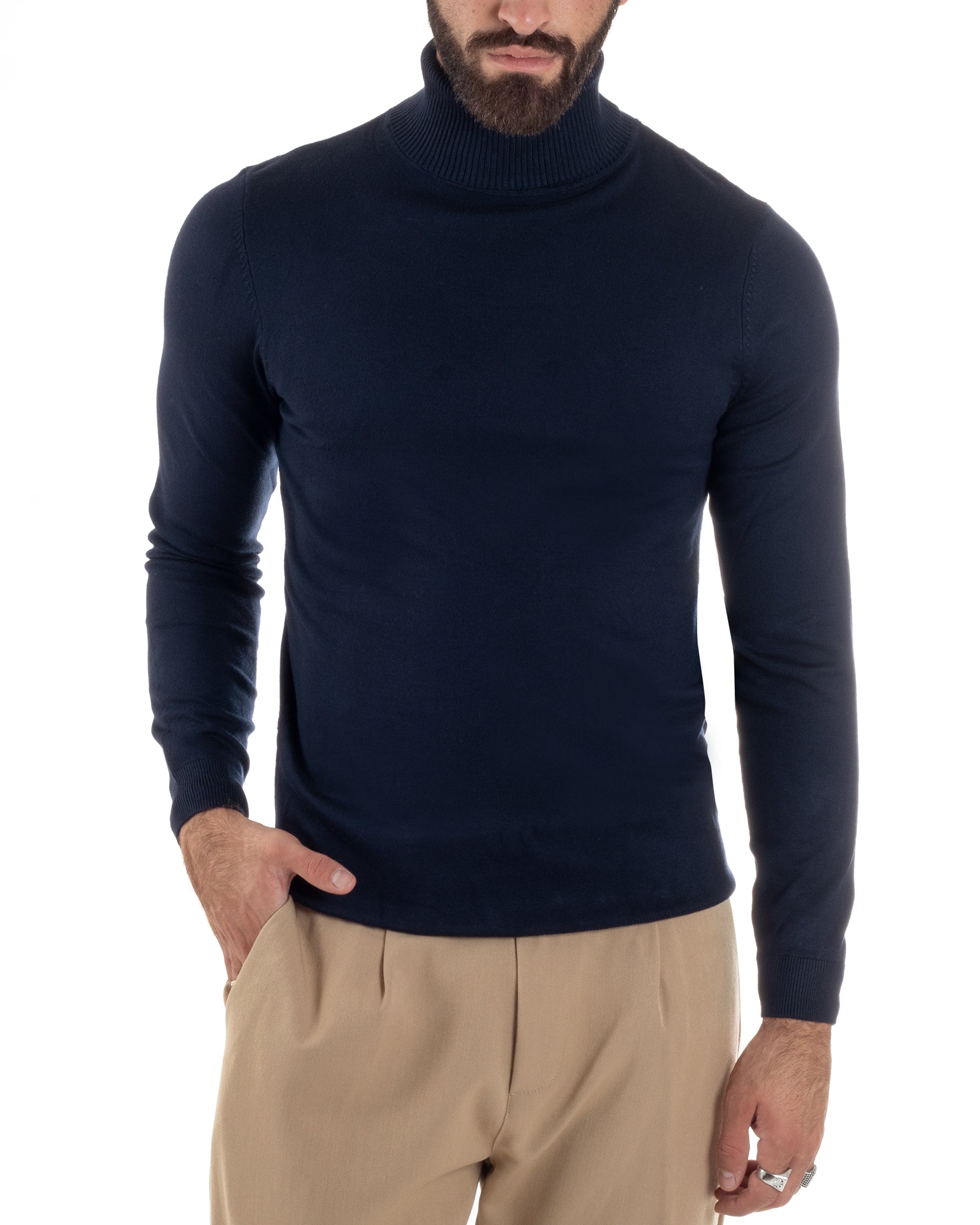 Maglioncino Uomo Collo Alto Maglia Rasata Dolcevita Basic Blu M2537A