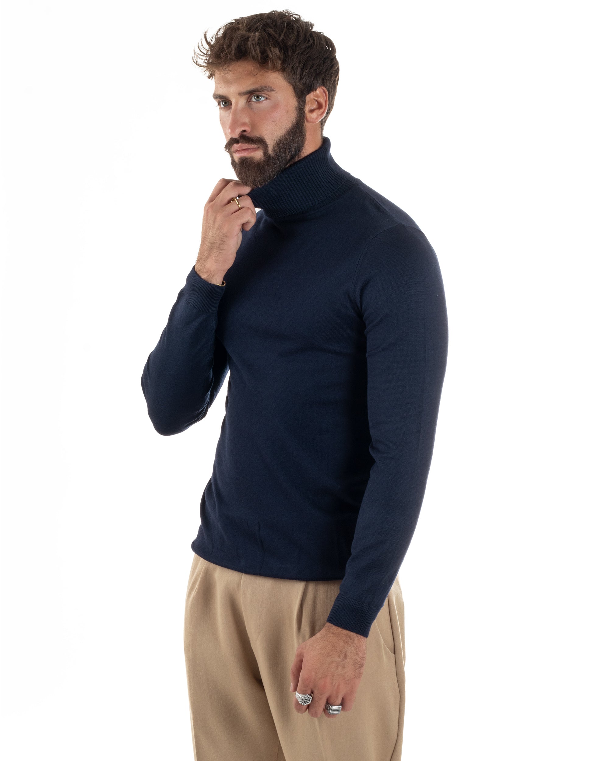 Maglioncino Uomo Collo Alto Maglia Rasata Dolcevita Basic Blu M2537A