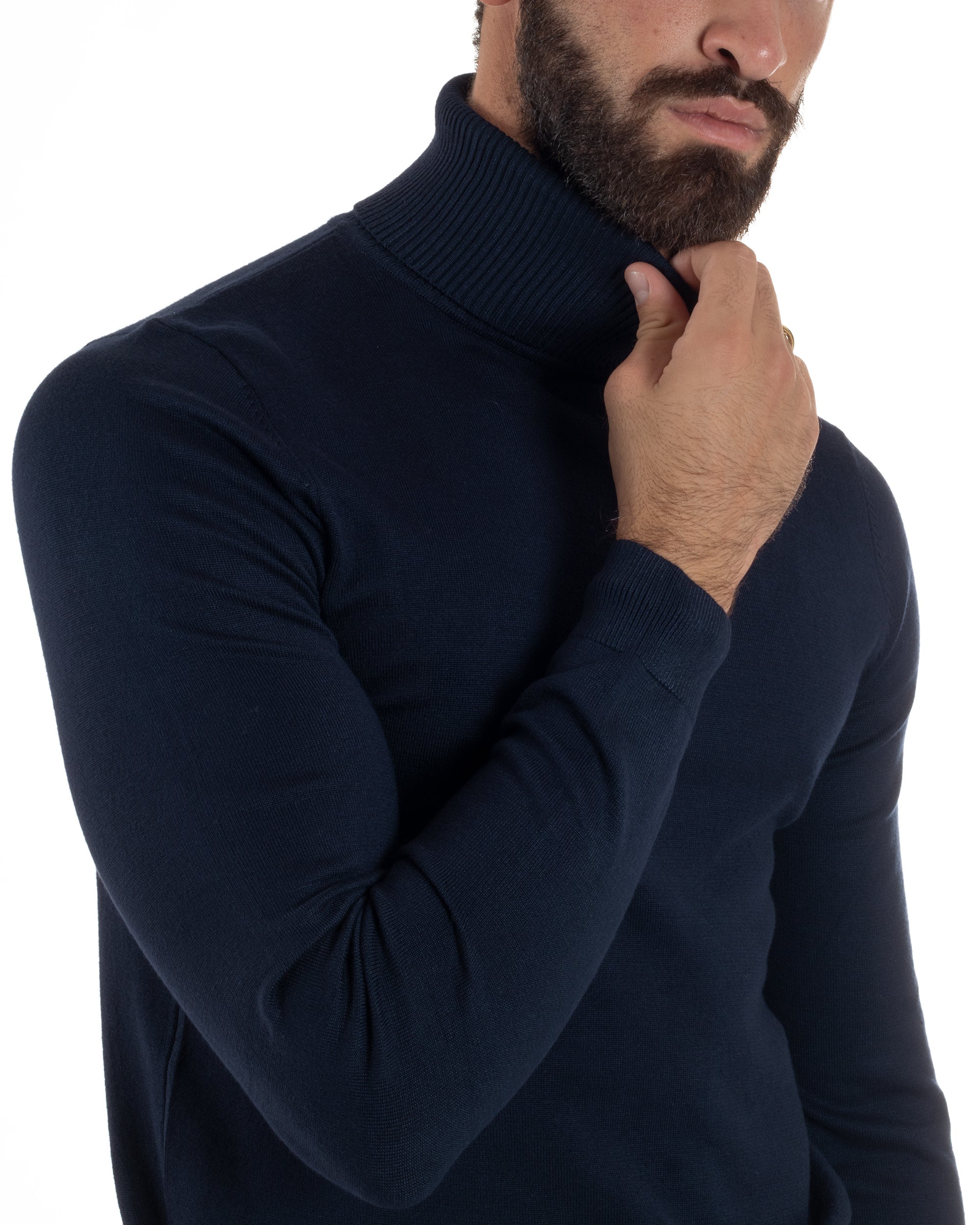 Maglioncino Uomo Collo Alto Maglia Rasata Dolcevita Basic Blu M2537A