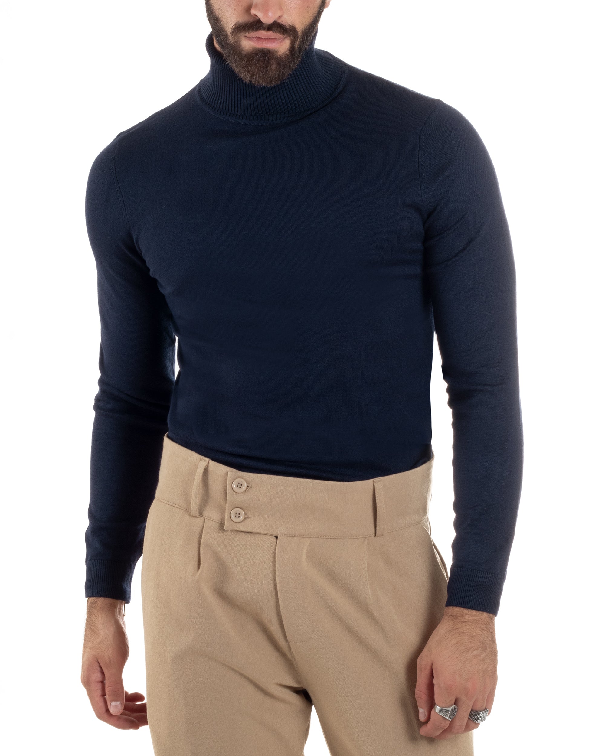 Maglioncino Uomo Collo Alto Maglia Rasata Dolcevita Basic Blu M2537A