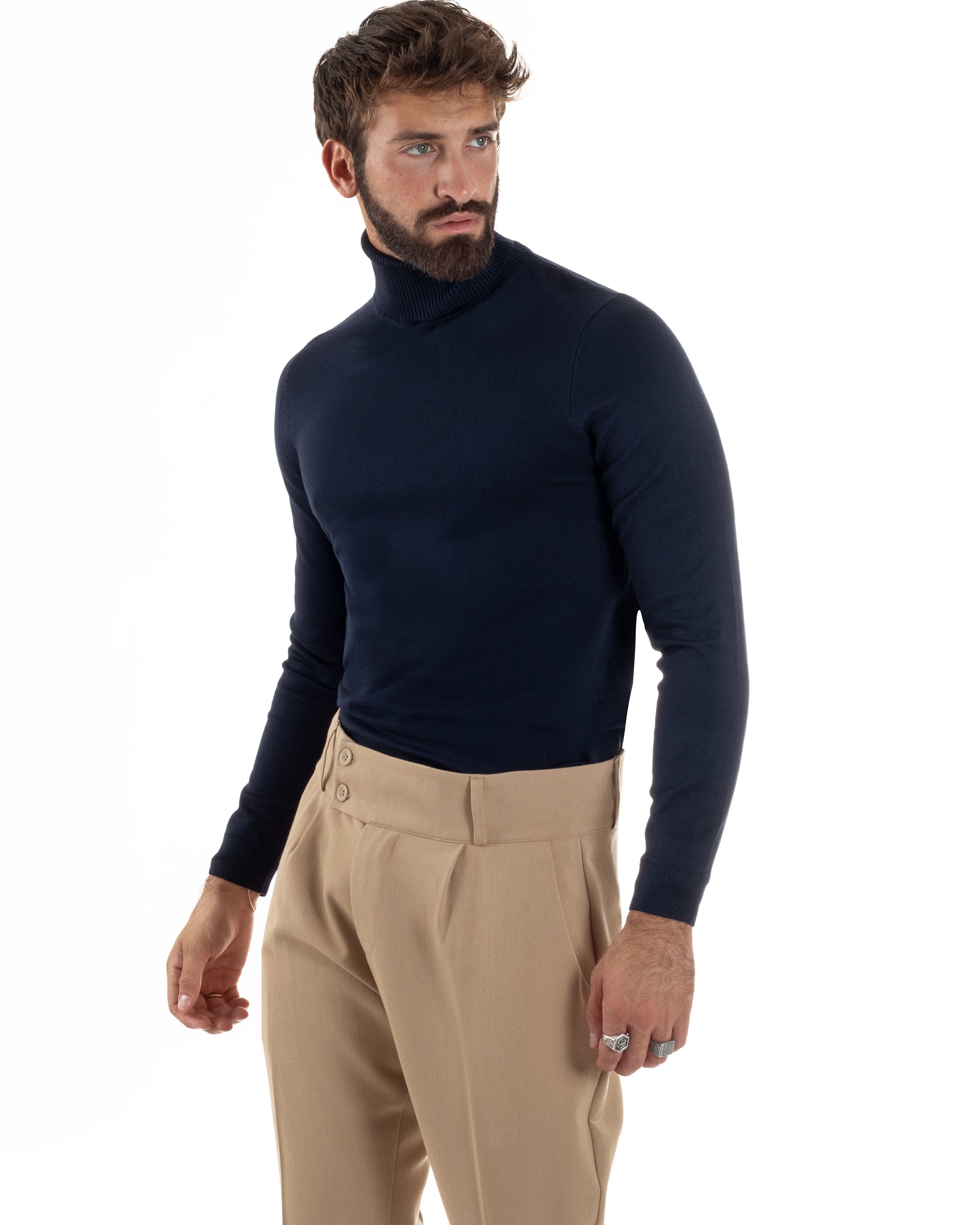 Maglioncino Uomo Collo Alto Maglia Rasata Dolcevita Basic Blu M2537A