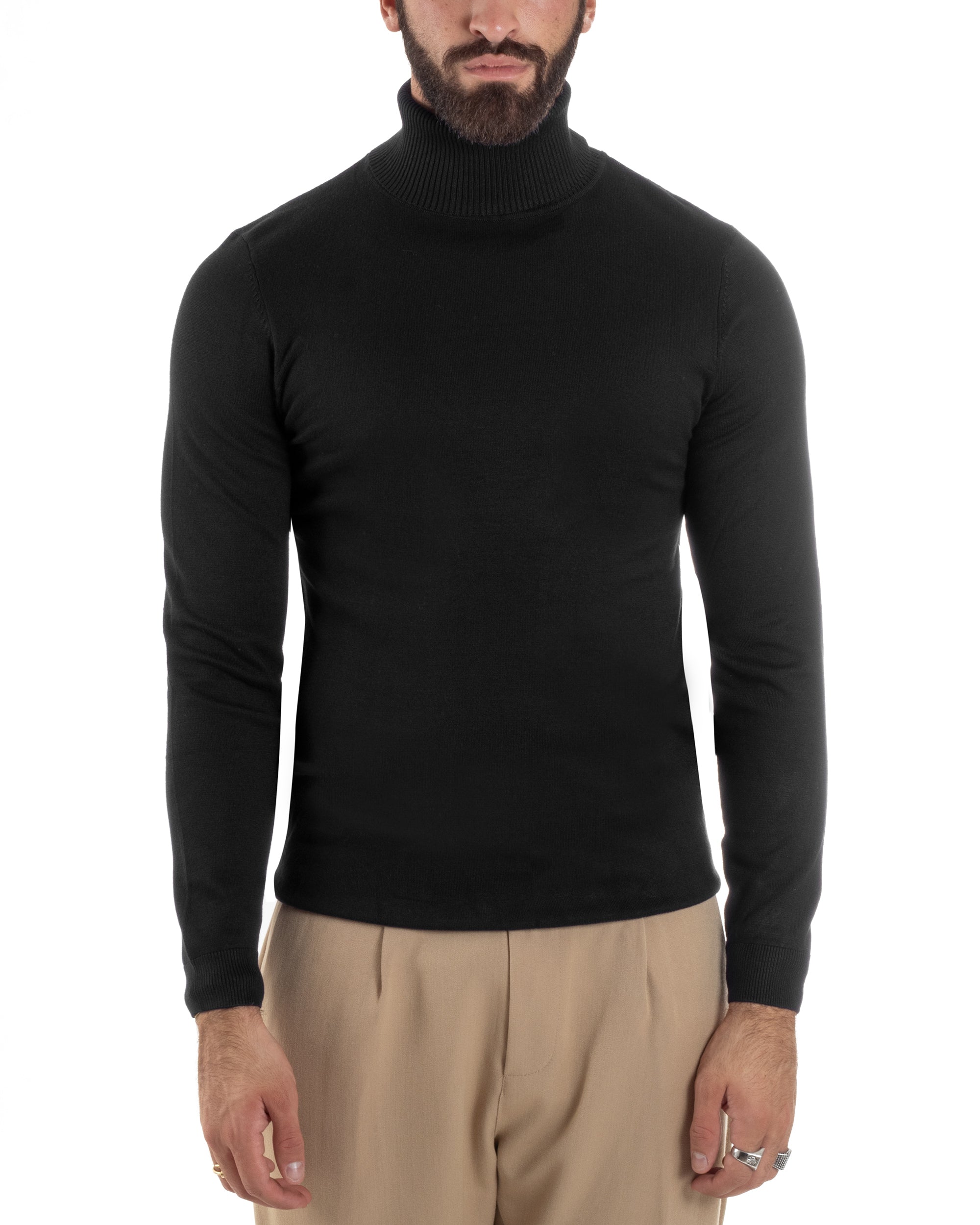 Maglioncino Uomo Collo Alto Maglia Rasata Dolcevita Basic Nero M2538A