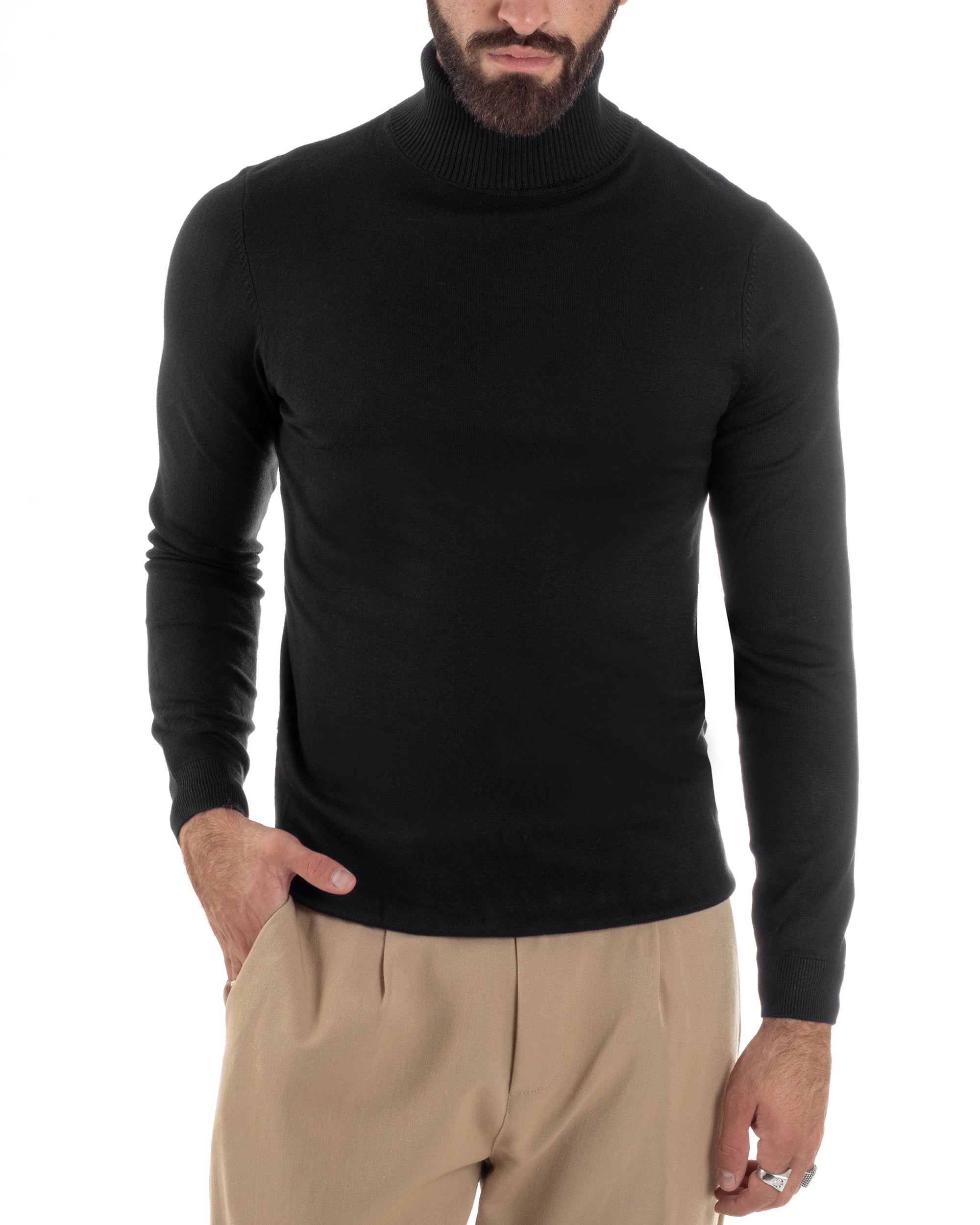 Maglioncino Uomo Collo Alto Maglia Rasata Dolcevita Basic Nero M2538A