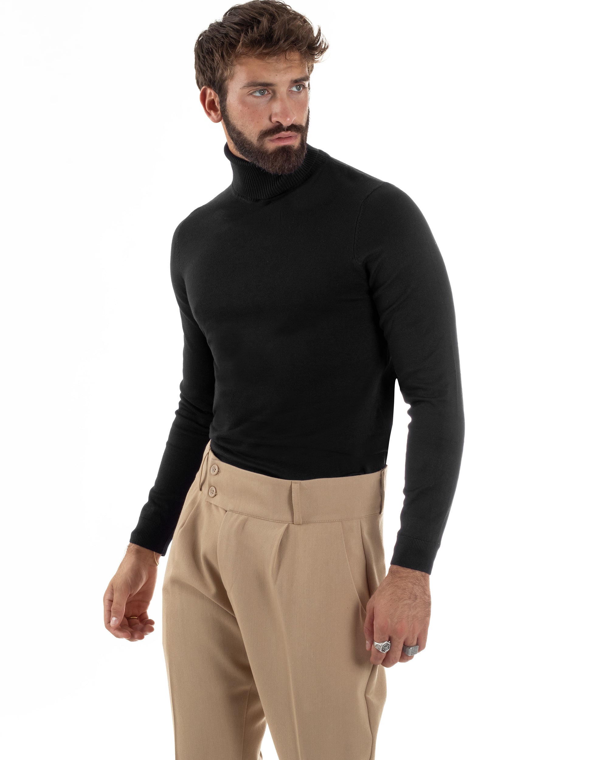 Maglioncino Uomo Collo Alto Maglia Rasata Dolcevita Basic Nero M2538A
