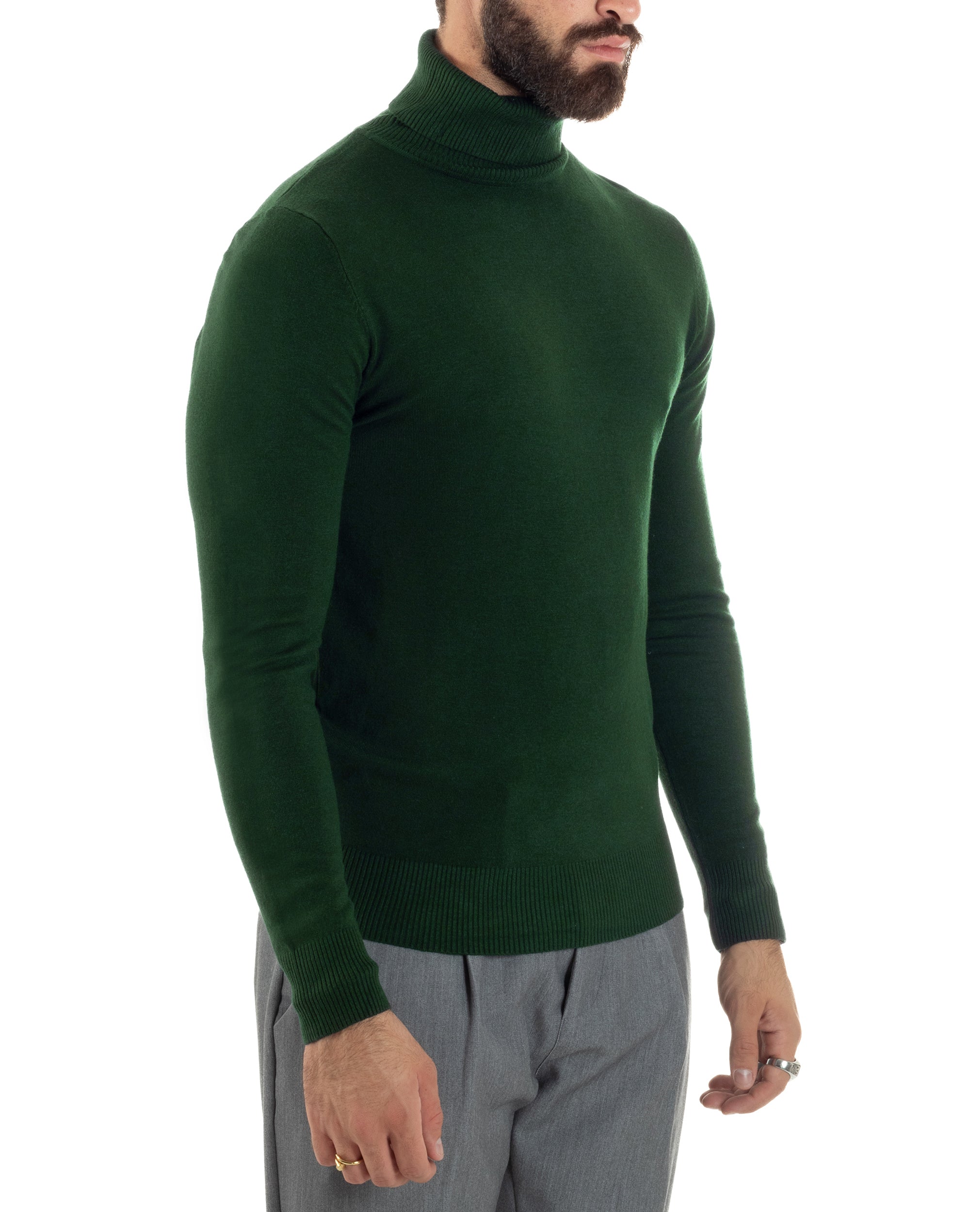 Maglioncino Uomo Collo Alto Maglia Rasata Dolcevita Basic Verde Militare M2551A