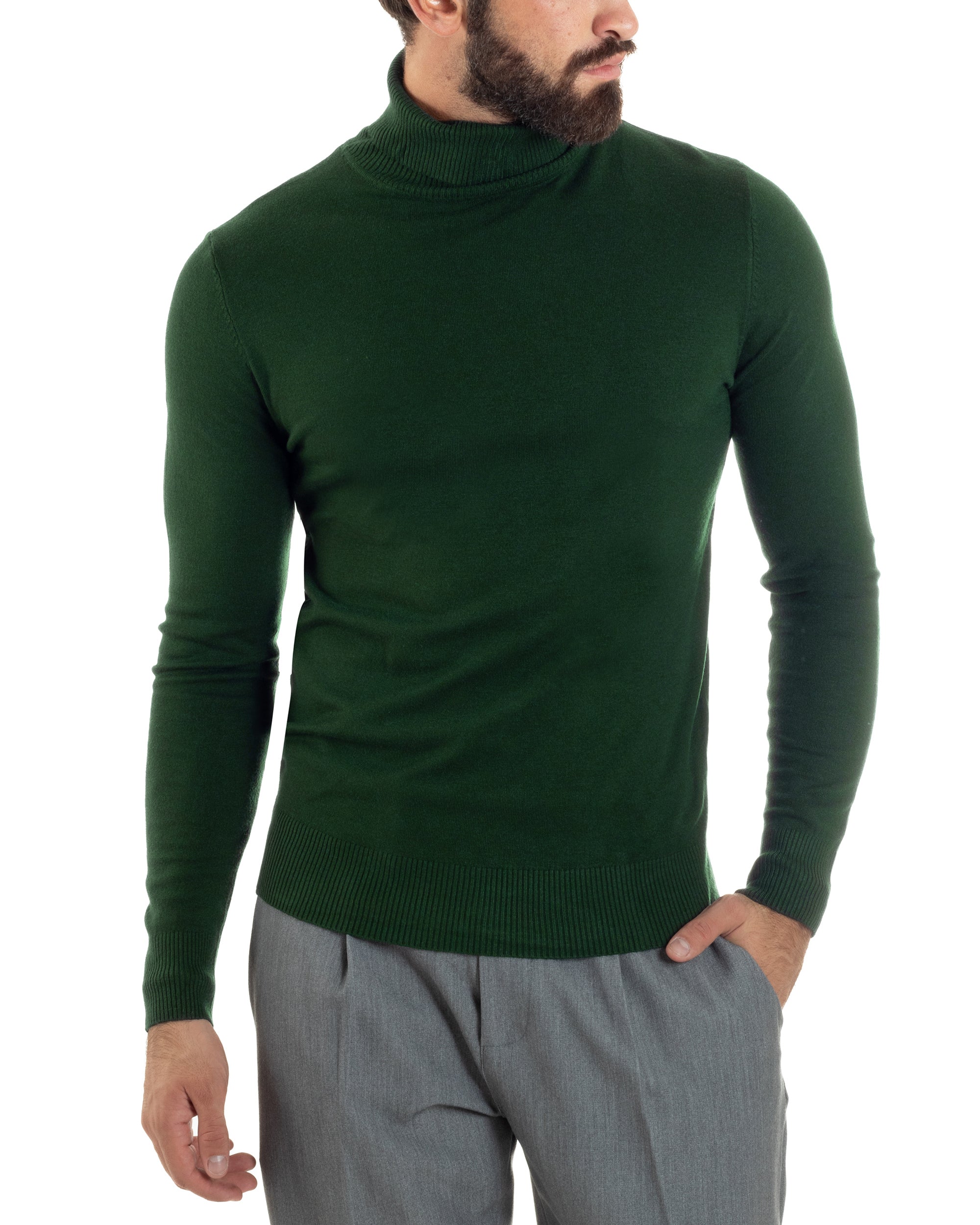 Maglioncino Uomo Collo Alto Maglia Rasata Dolcevita Basic Verde Militare M2551A