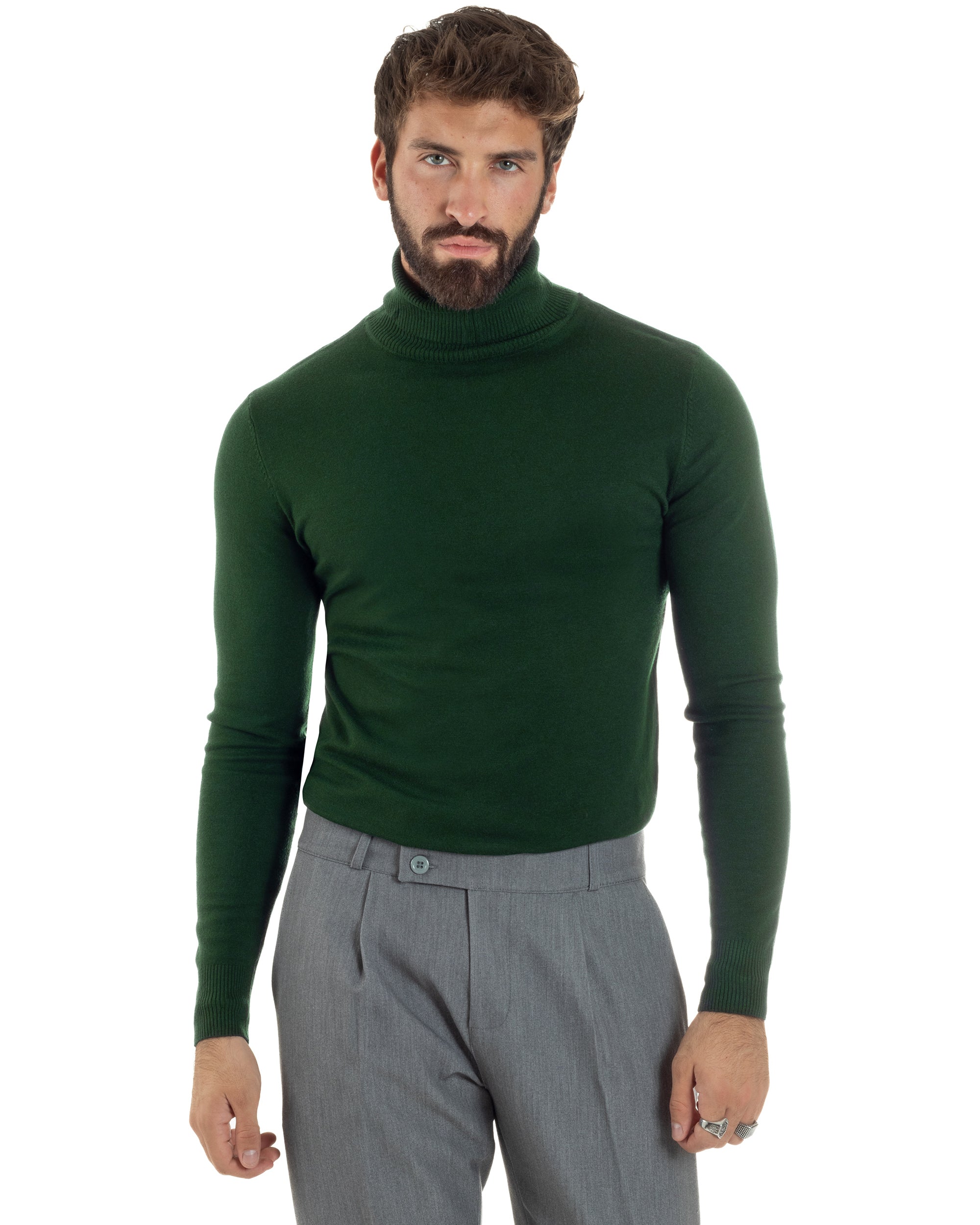 Maglioncino Uomo Collo Alto Maglia Rasata Dolcevita Basic Verde Militare M2551A
