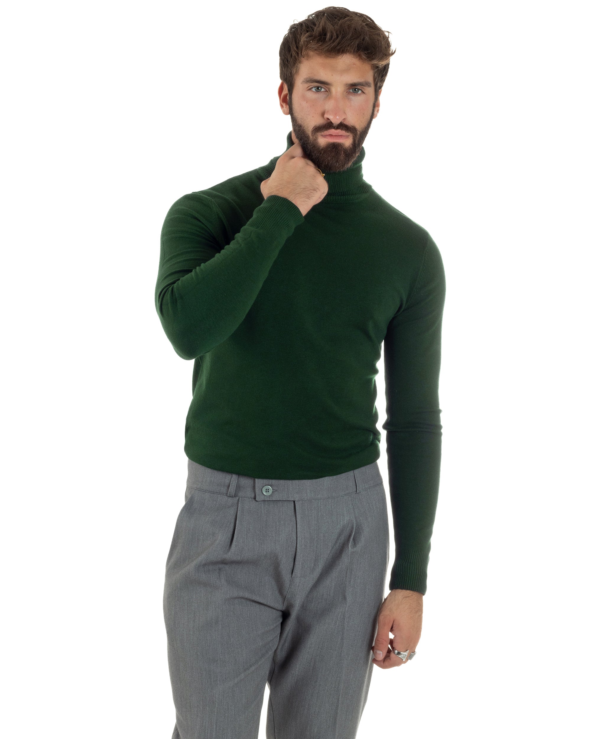 Maglioncino Uomo Collo Alto Maglia Rasata Dolcevita Basic Verde Militare M2551A