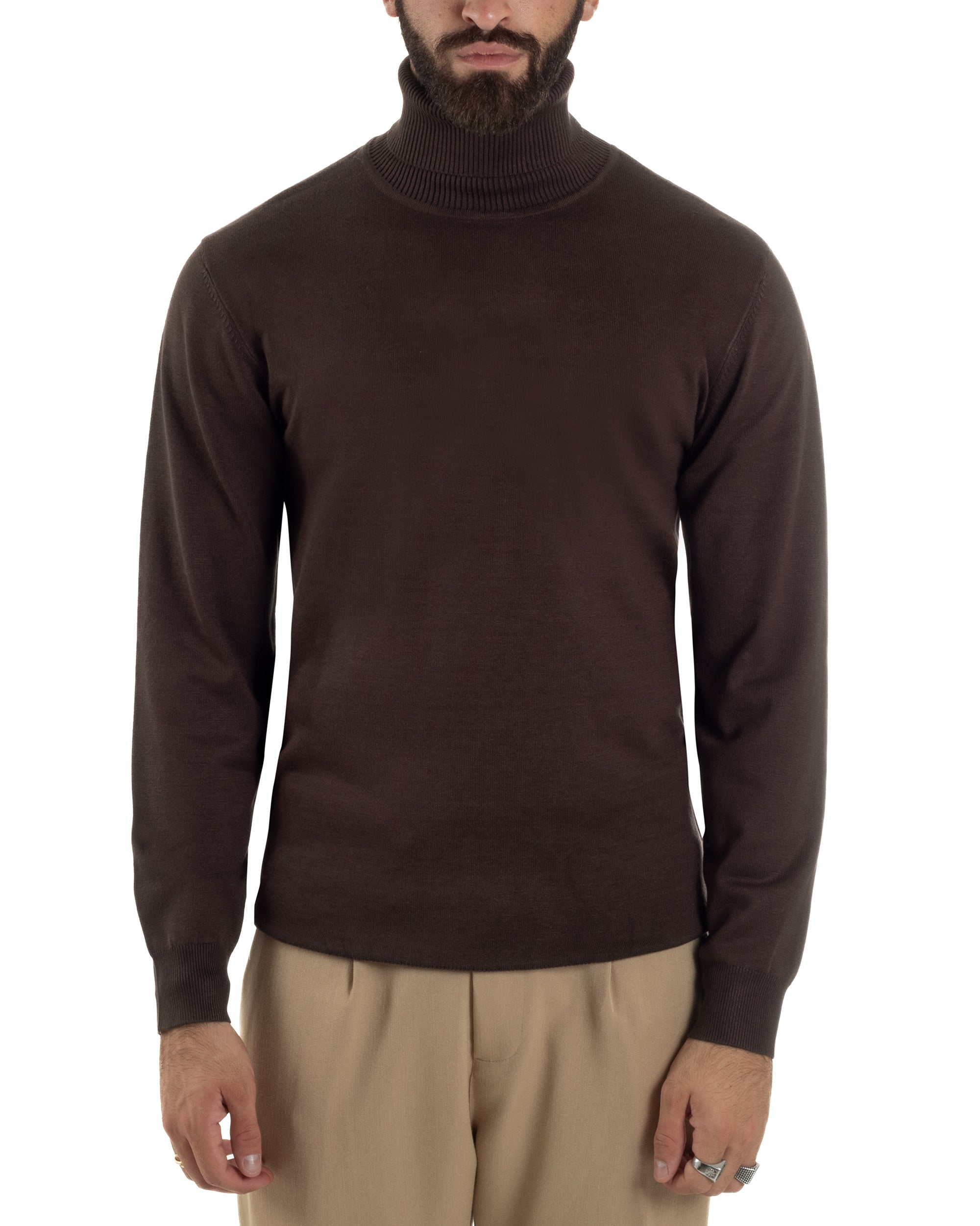 Maglioncino Uomo Collo Alto Maglia Rasata Dolcevita Basic Marrone M3042A