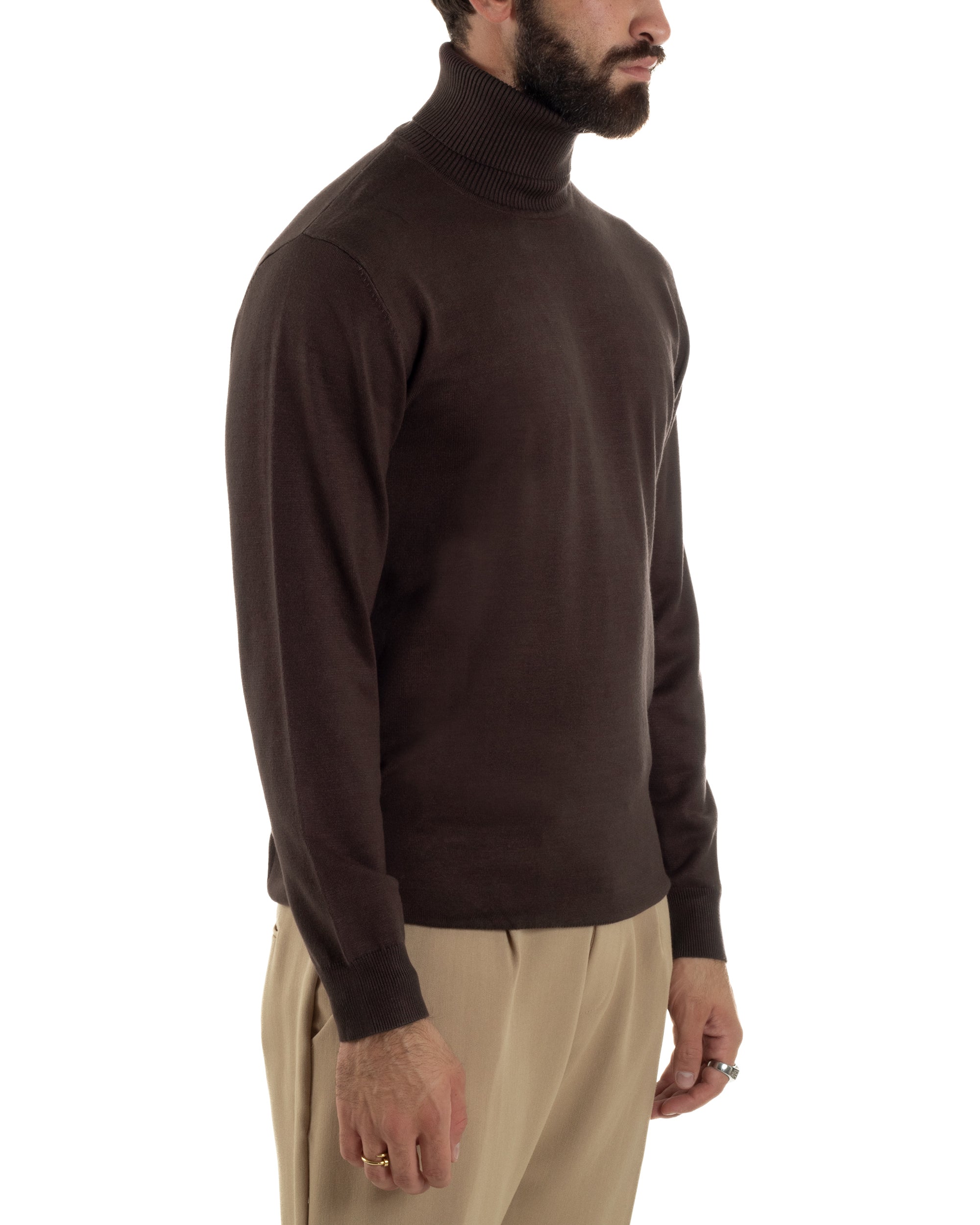 Maglioncino Uomo Collo Alto Maglia Rasata Dolcevita Basic Marrone M3042A
