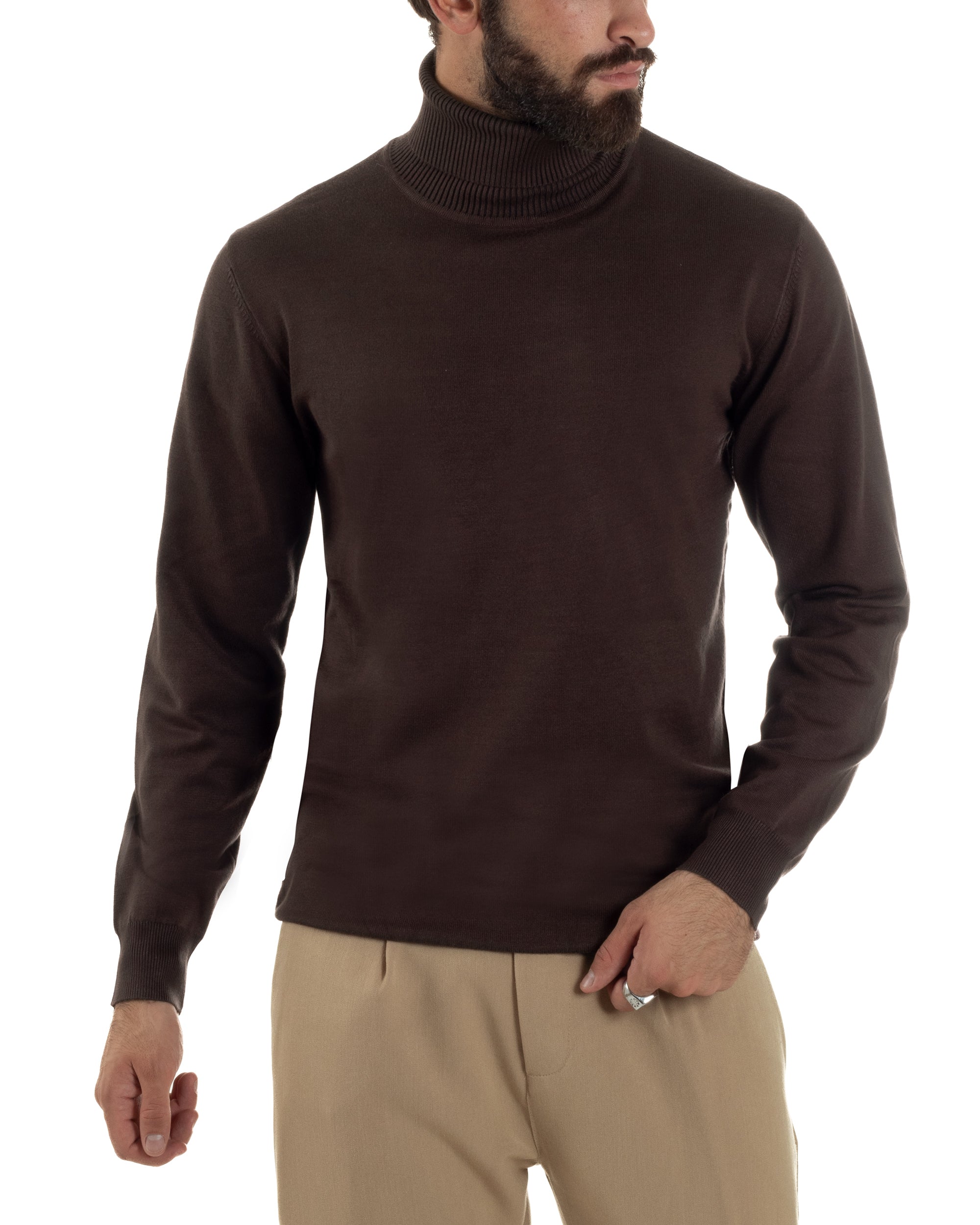 Maglioncino Uomo Collo Alto Maglia Rasata Dolcevita Basic Marrone M3042A