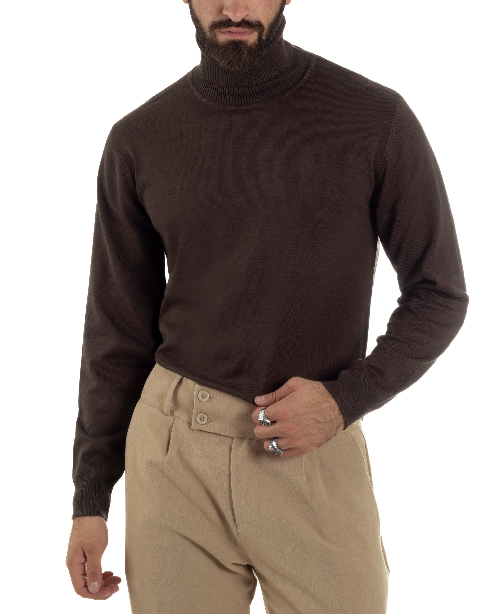 Maglioncino Uomo Collo Alto Maglia Rasata Dolcevita Basic Marrone M3042A