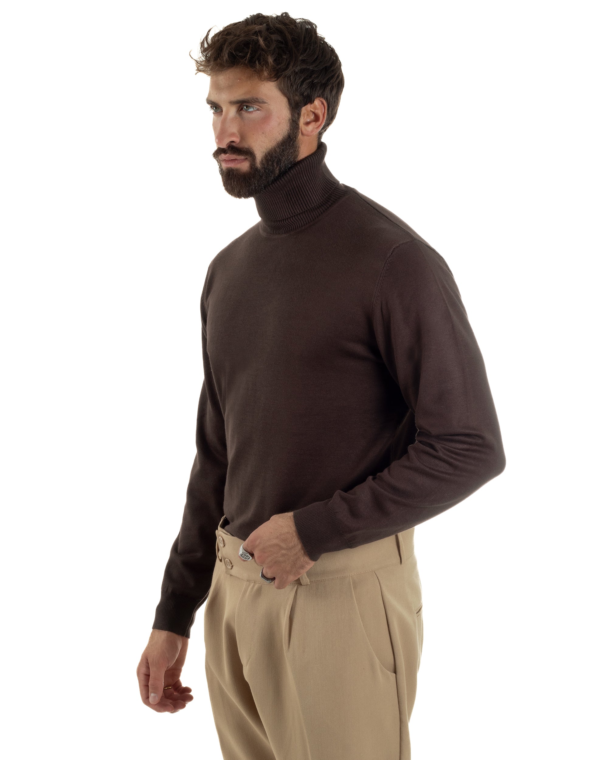 Maglioncino Uomo Collo Alto Maglia Rasata Dolcevita Basic Marrone M3042A
