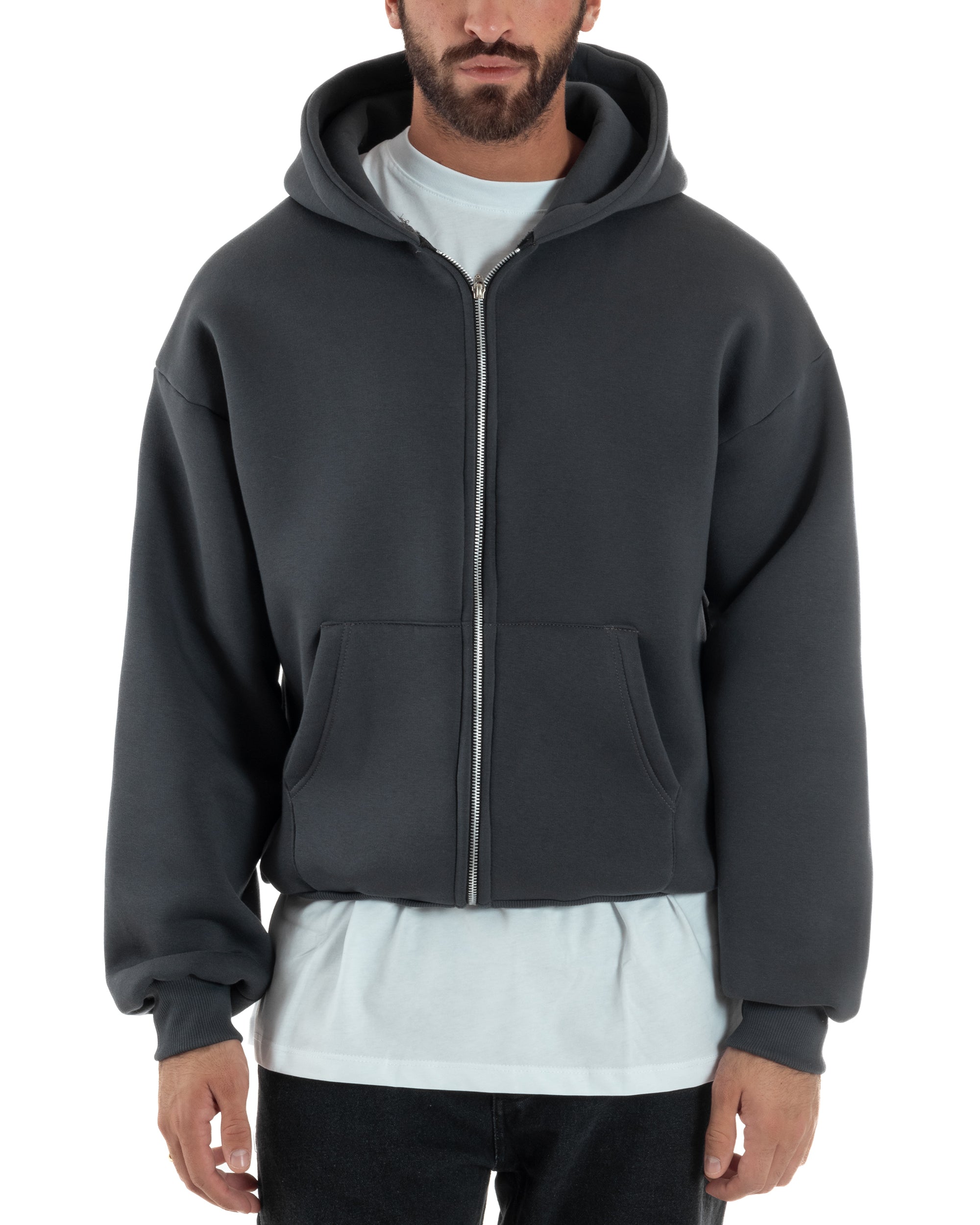Felpa Boxy Fit Cappuccio E Zip Basic Felpata Piombo F3060A