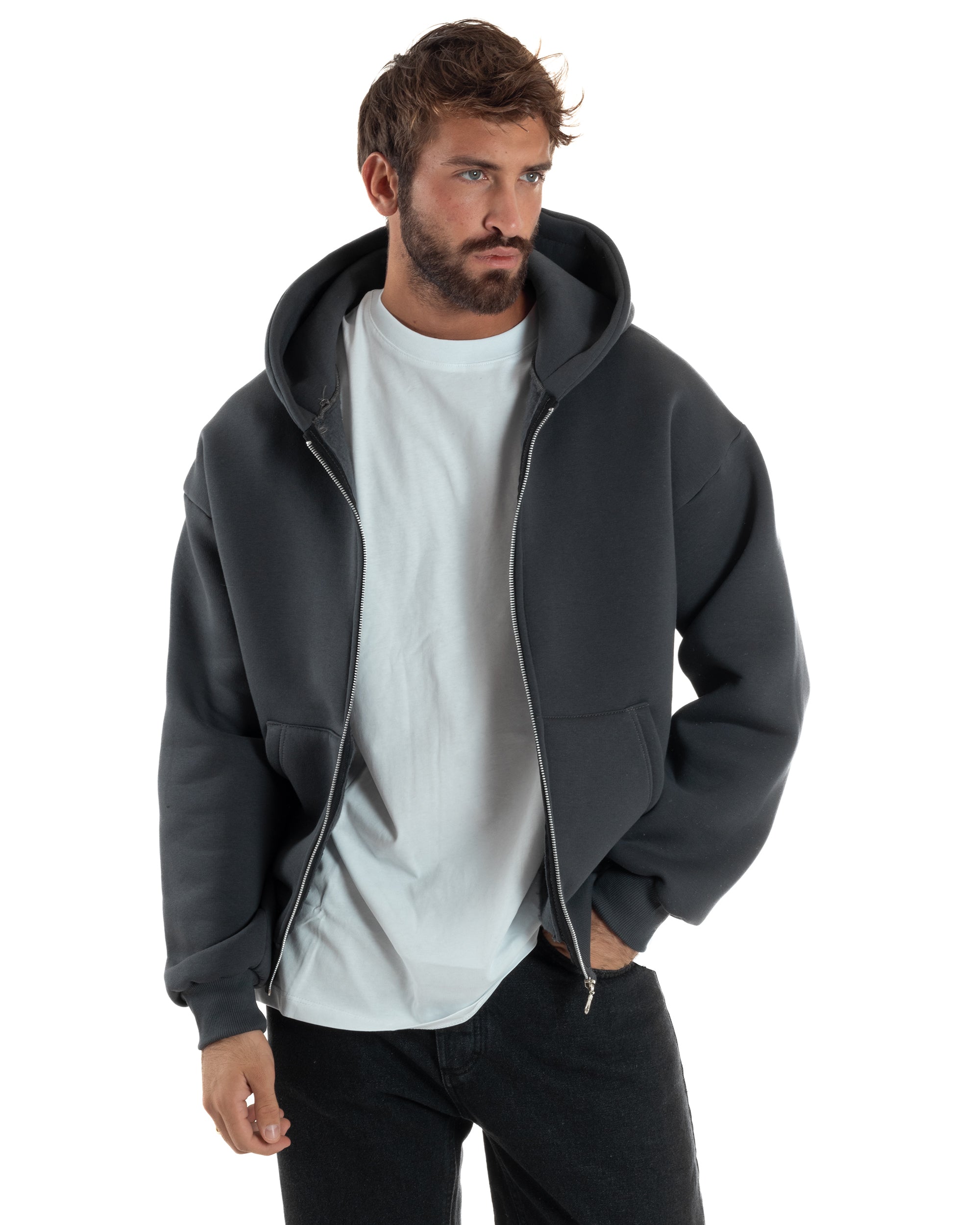 Felpa Boxy Fit Cappuccio E Zip Basic Felpata Piombo F3060A