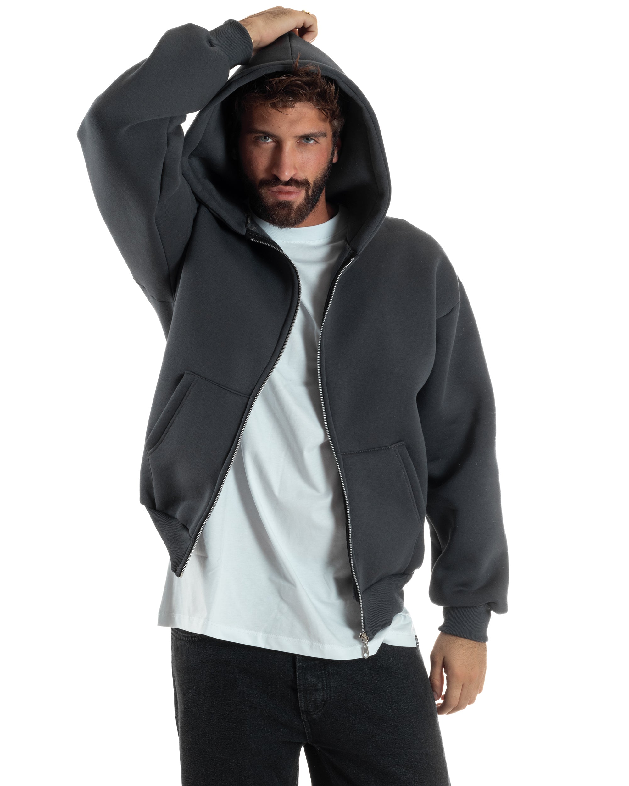 Felpa Boxy Fit Cappuccio E Zip Basic Felpata Piombo F3060A