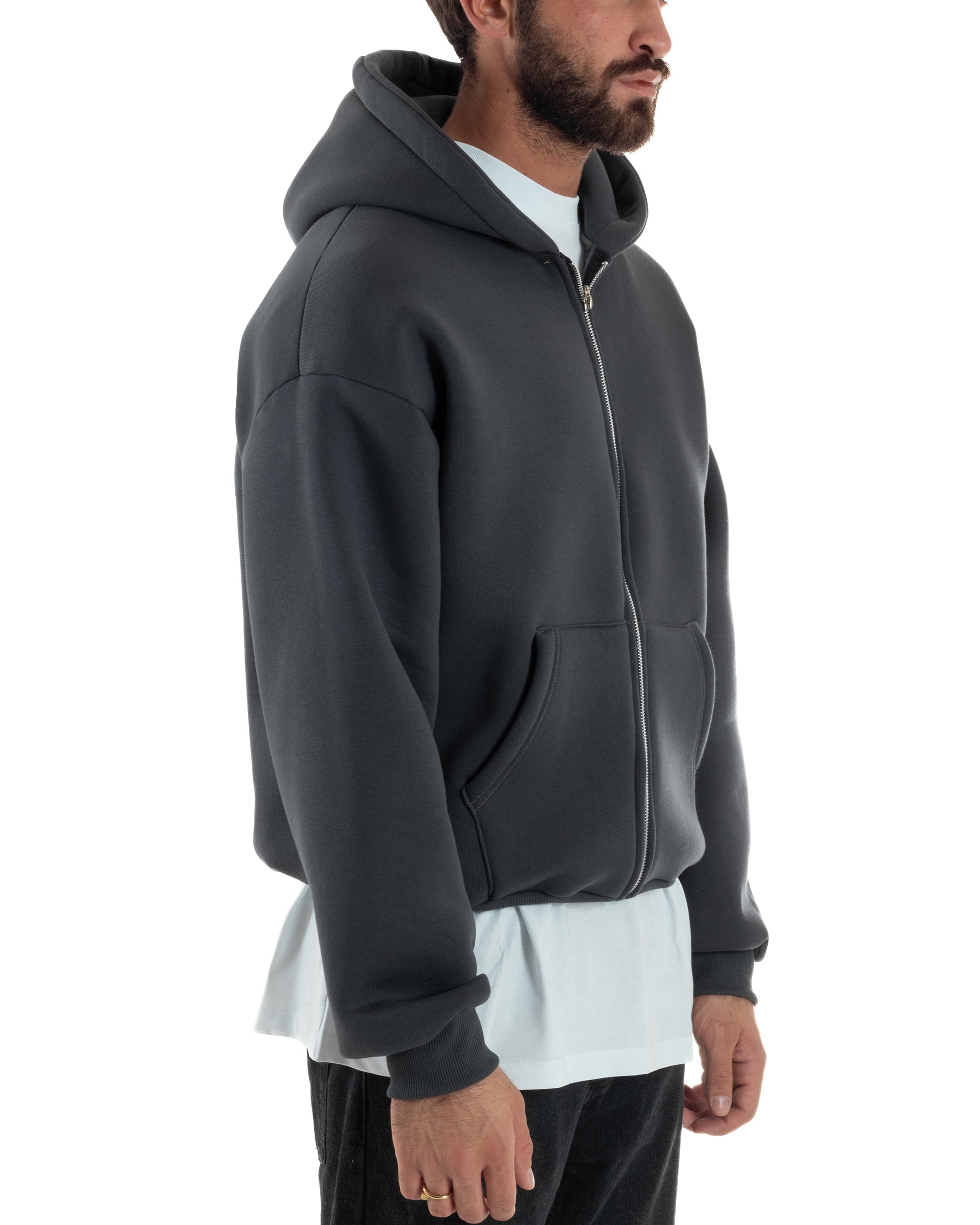 Felpa Boxy Fit Cappuccio E Zip Basic Felpata Piombo F3060A
