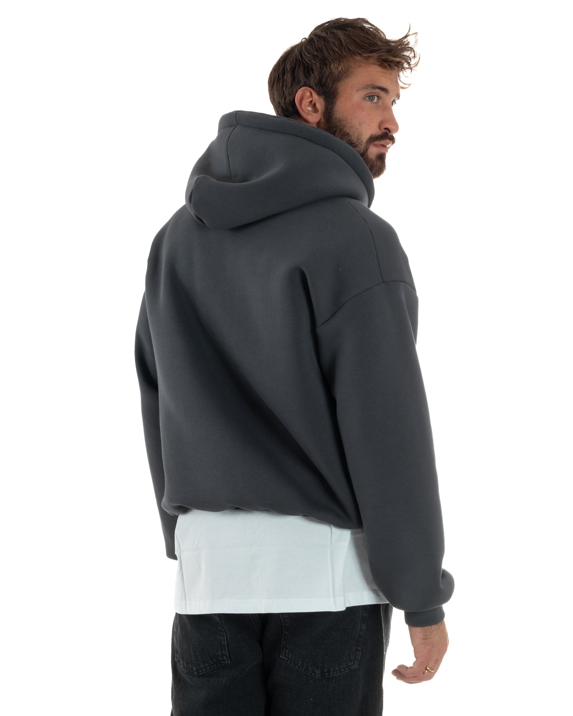 Felpa Boxy Fit Cappuccio E Zip Basic Felpata Piombo F3060A